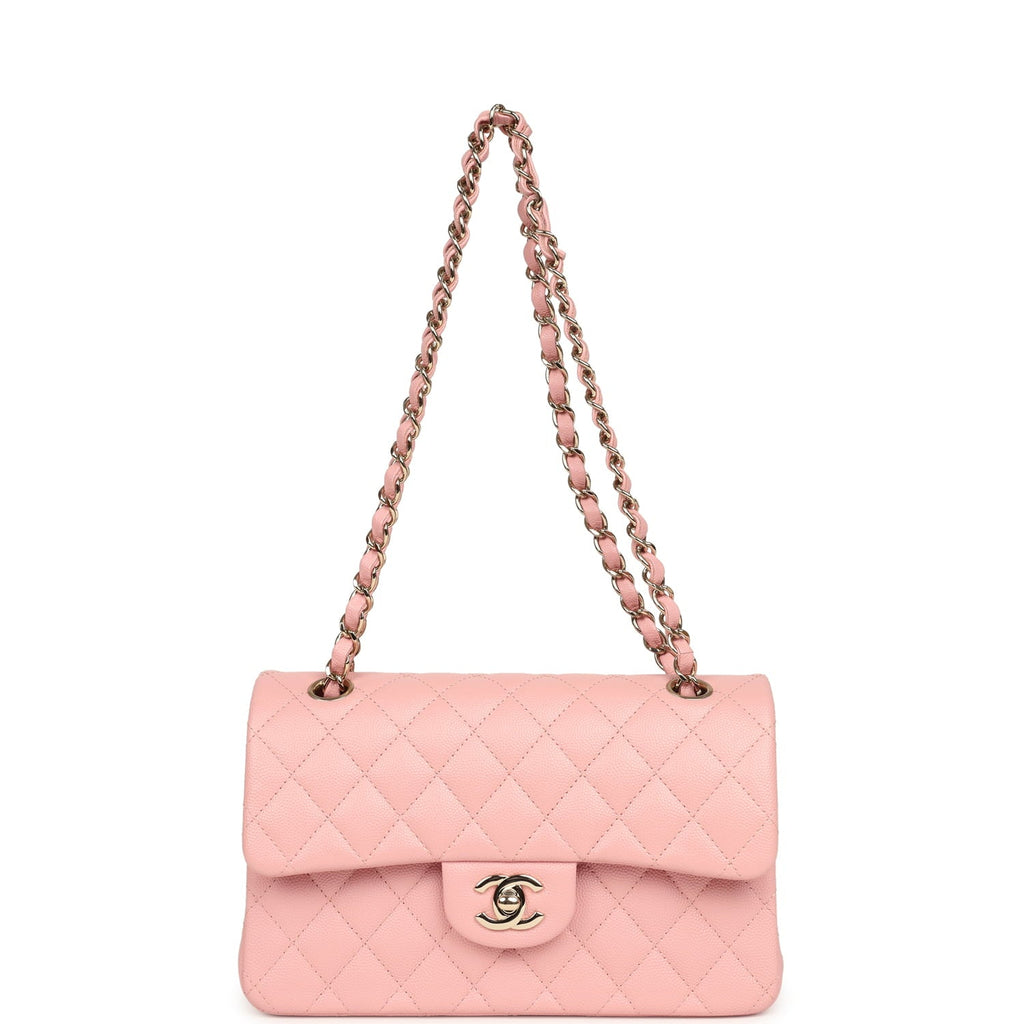 pre-owned-chanel-small-classic-double-flap-bag-pink-shiny-caviar-light-gold-metal