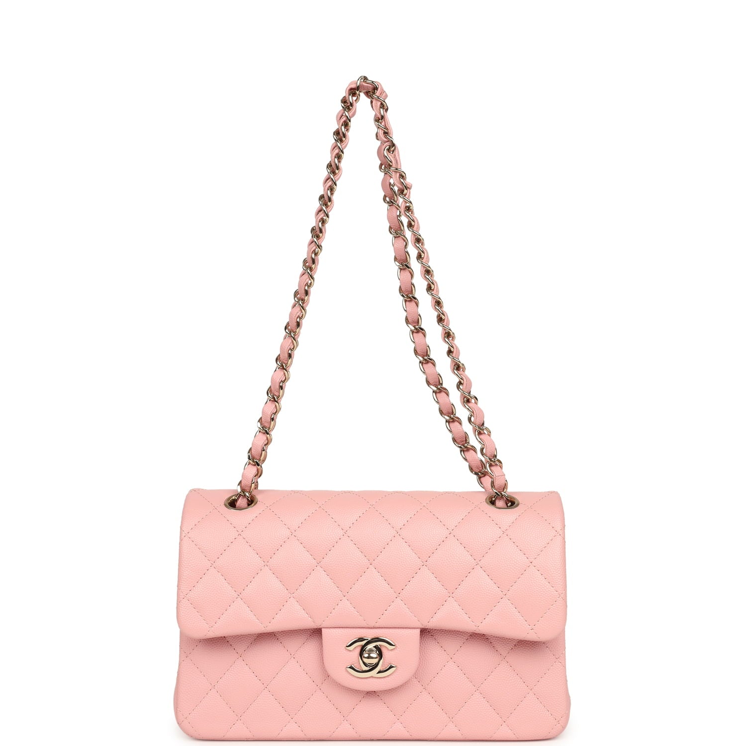 pre-owned-chanel-small-classic-double-flap-bag-pink-shiny-caviar-light-gold-metal