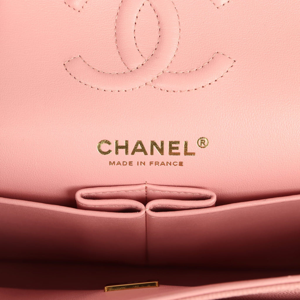 pre-owned-chanel-small-classic-double-flap-bag-pink-shiny-caviar-light-gold-metal