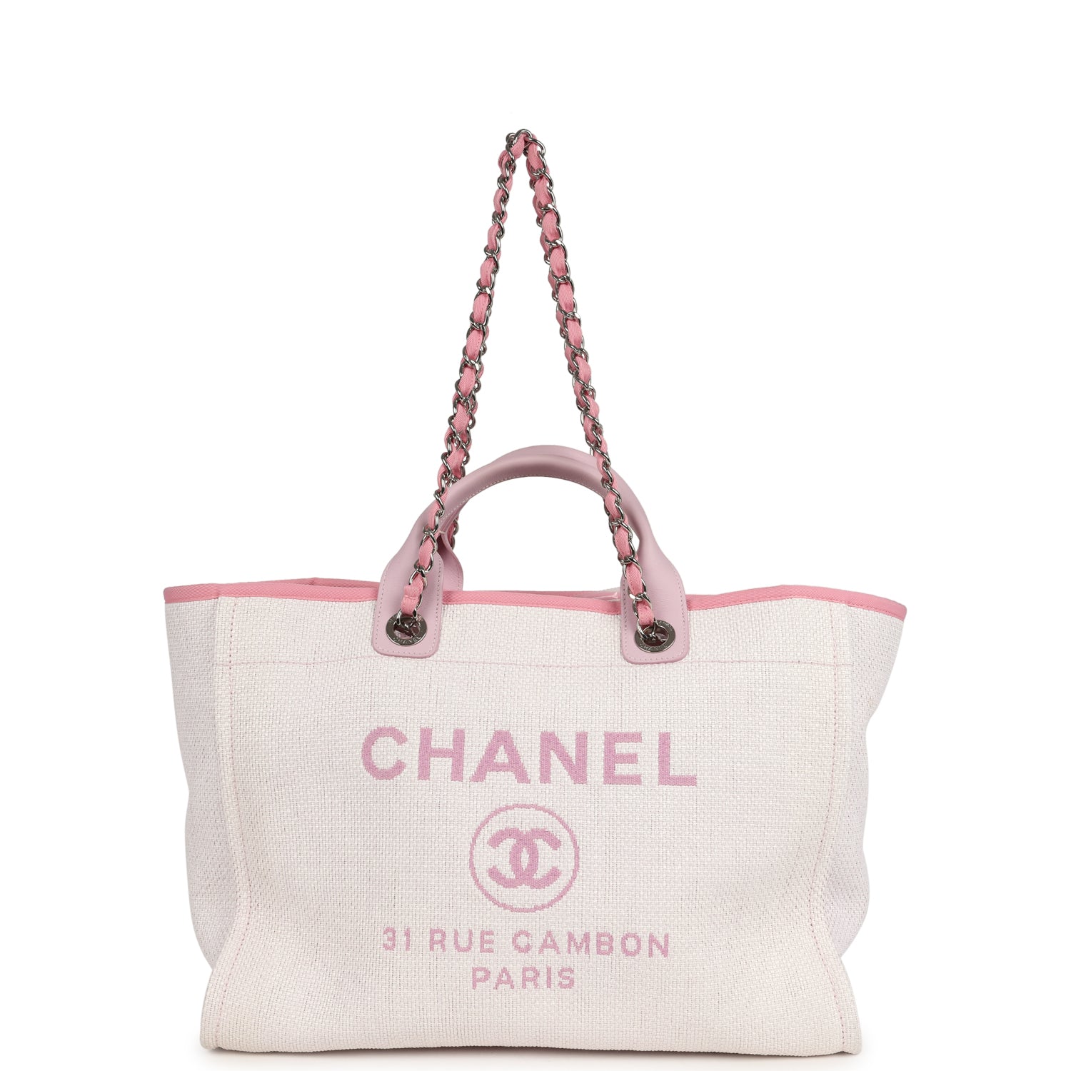 pre-owned-chanel-medium-deauville-shopping-tote-light-pink-raffia-and-canvas-silver-metal