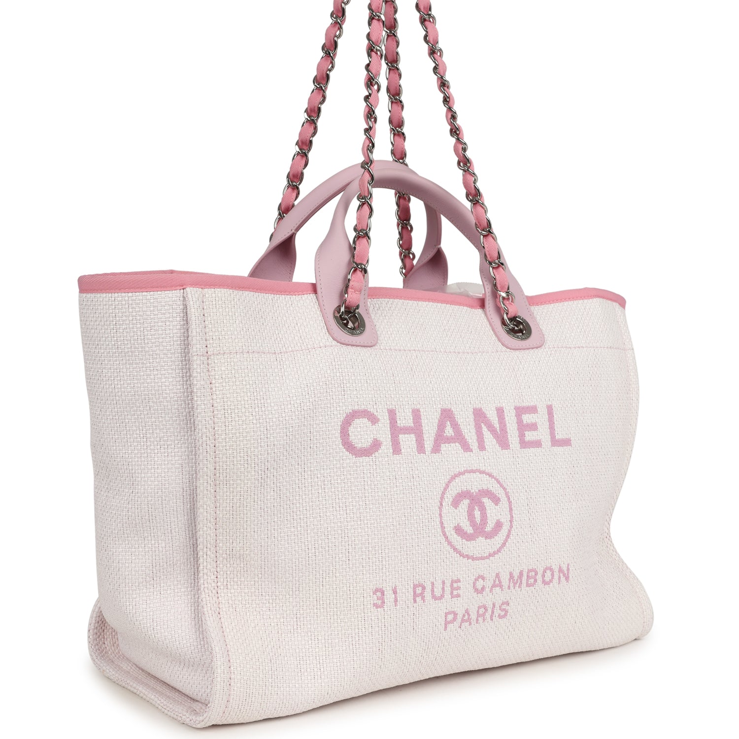 pre-owned-chanel-medium-deauville-shopping-tote-light-pink-raffia-and-canvas-silver-metal