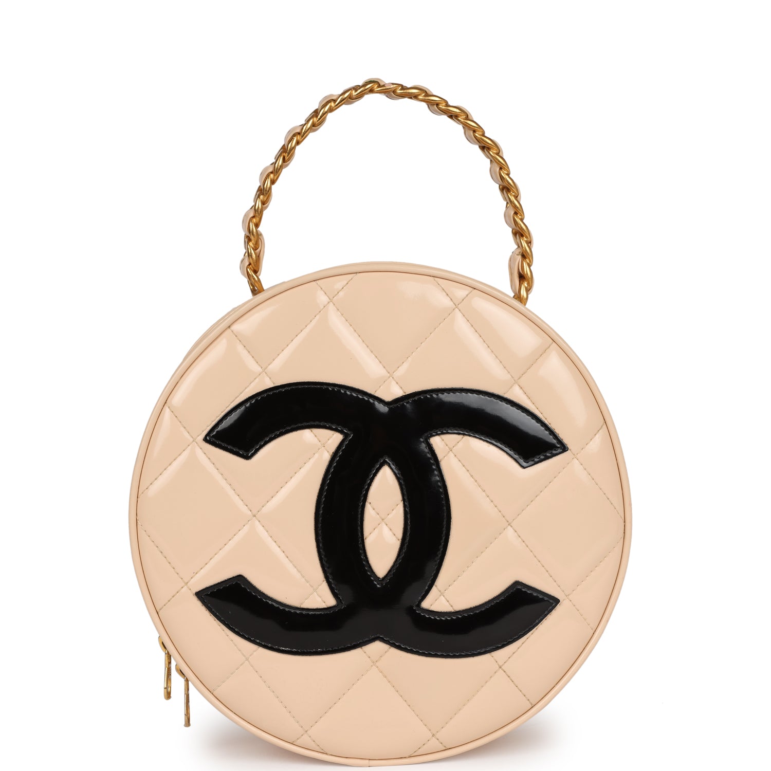 vintage-chanel-round-vanity-bag-beige-and-black-patent-leather-antique-gold-metal-1