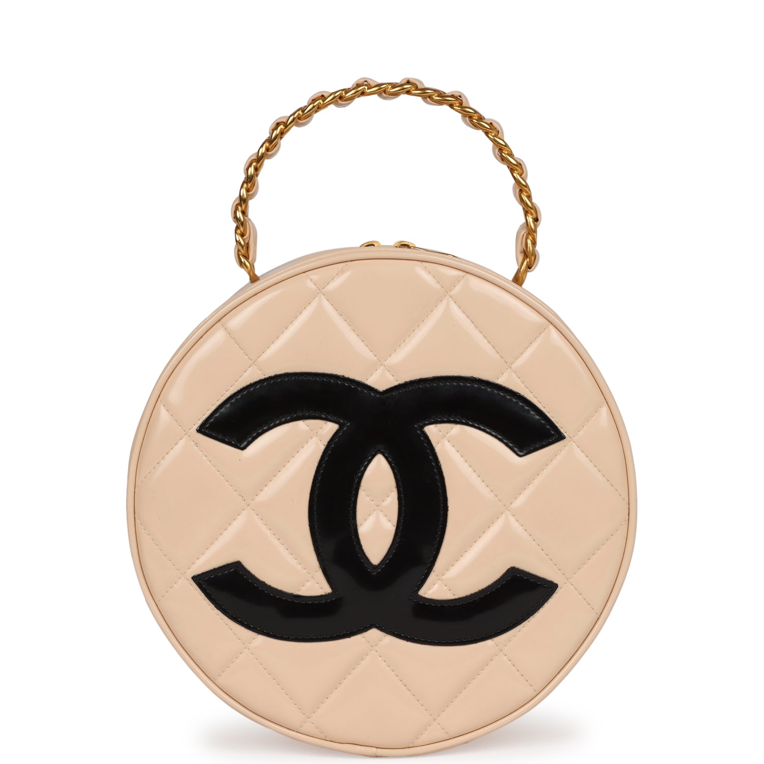 vintage-chanel-round-vanity-bag-beige-and-black-patent-leather-antique-gold-metal