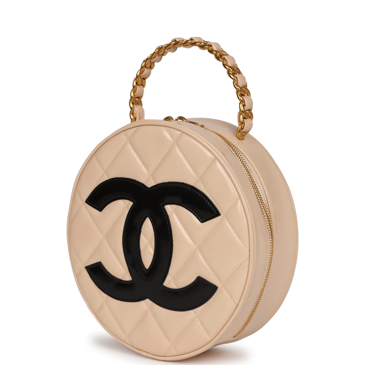 vintage-chanel-round-vanity-bag-beige-and-black-patent-leather-antique-gold-metal