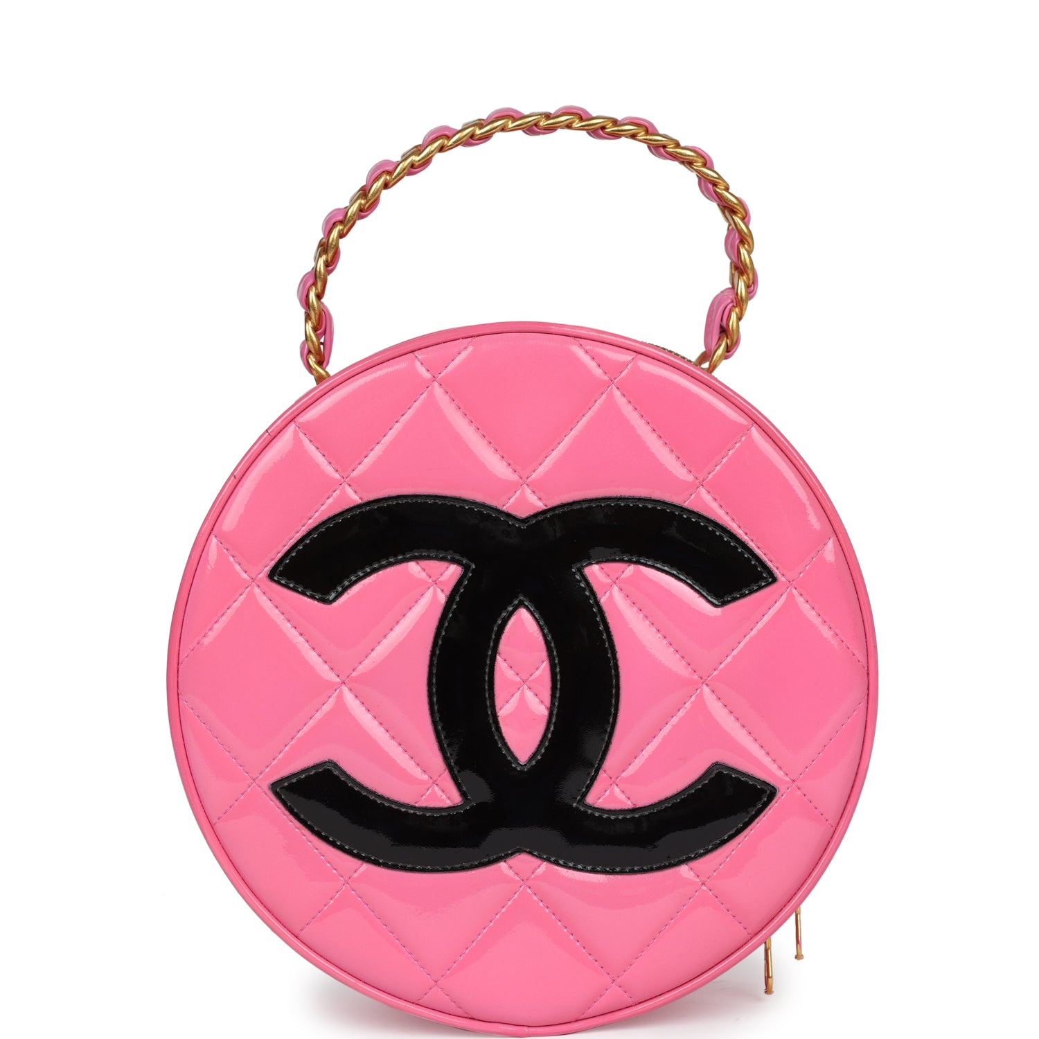 vintage-chanel-round-vanity-bag-pink-and-black-patent-leather-antique-gold-metal-1