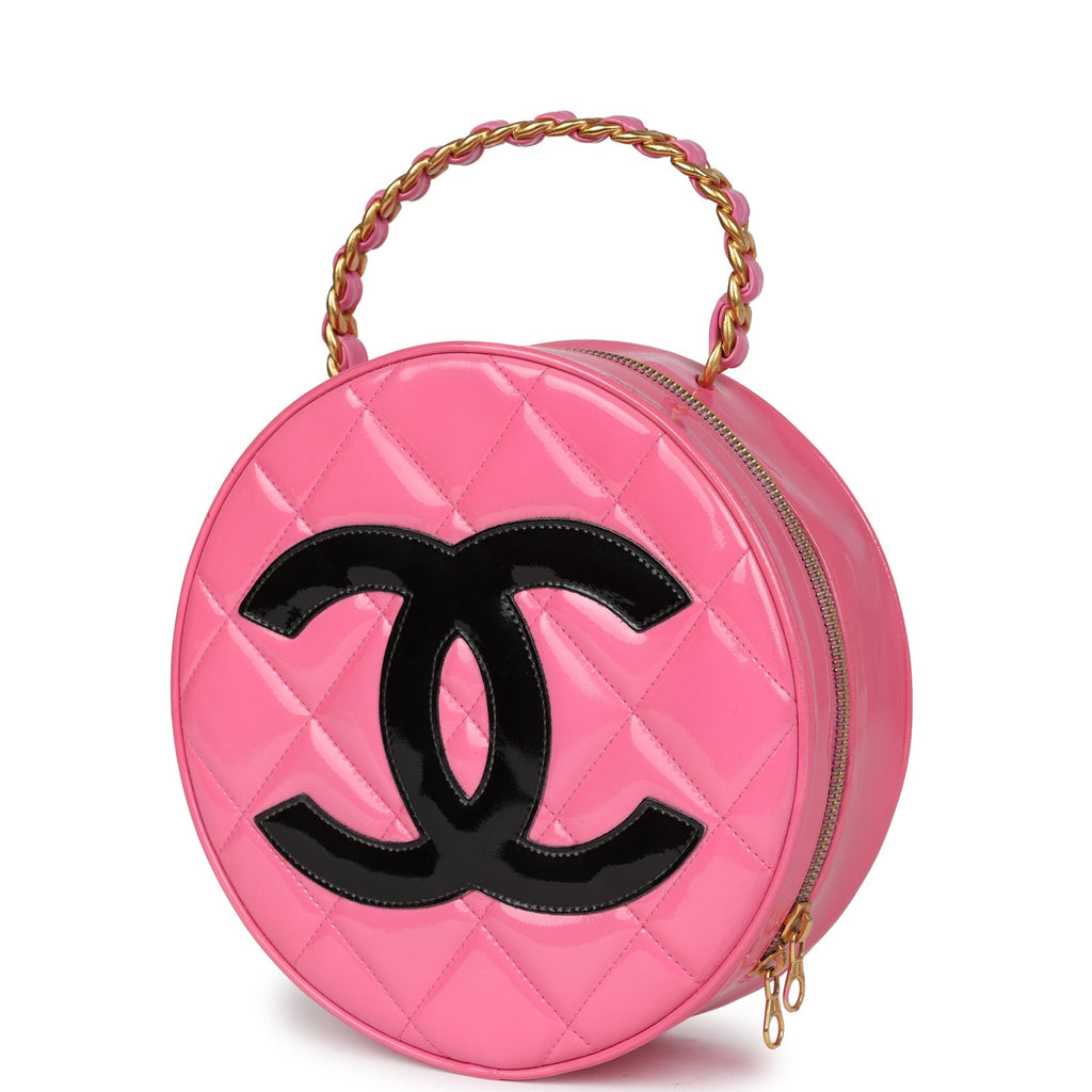 vintage-chanel-round-vanity-bag-pink-and-black-patent-leather-antique-gold-metal-1