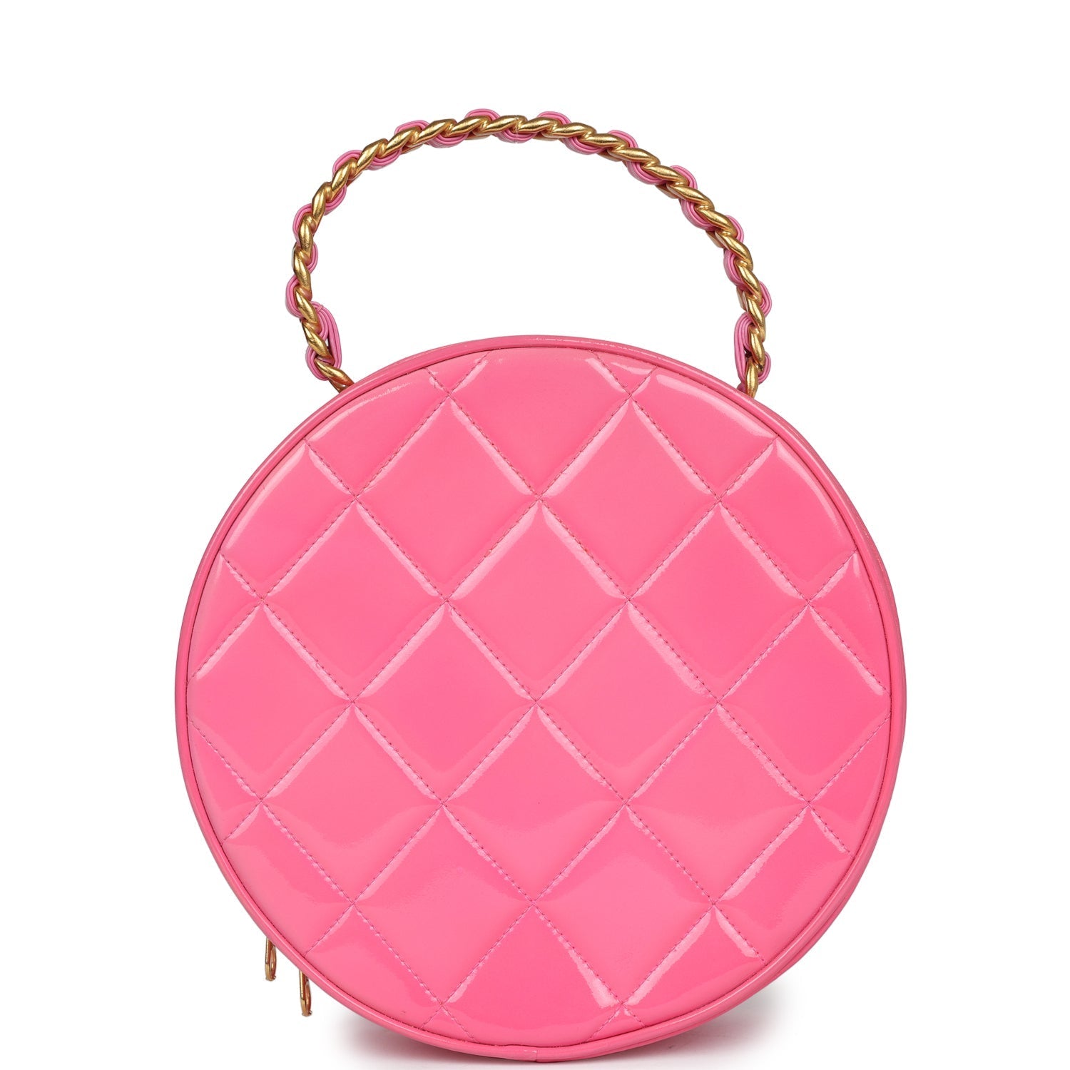 vintage-chanel-round-vanity-bag-pink-and-black-patent-leather-antique-gold-metal-1