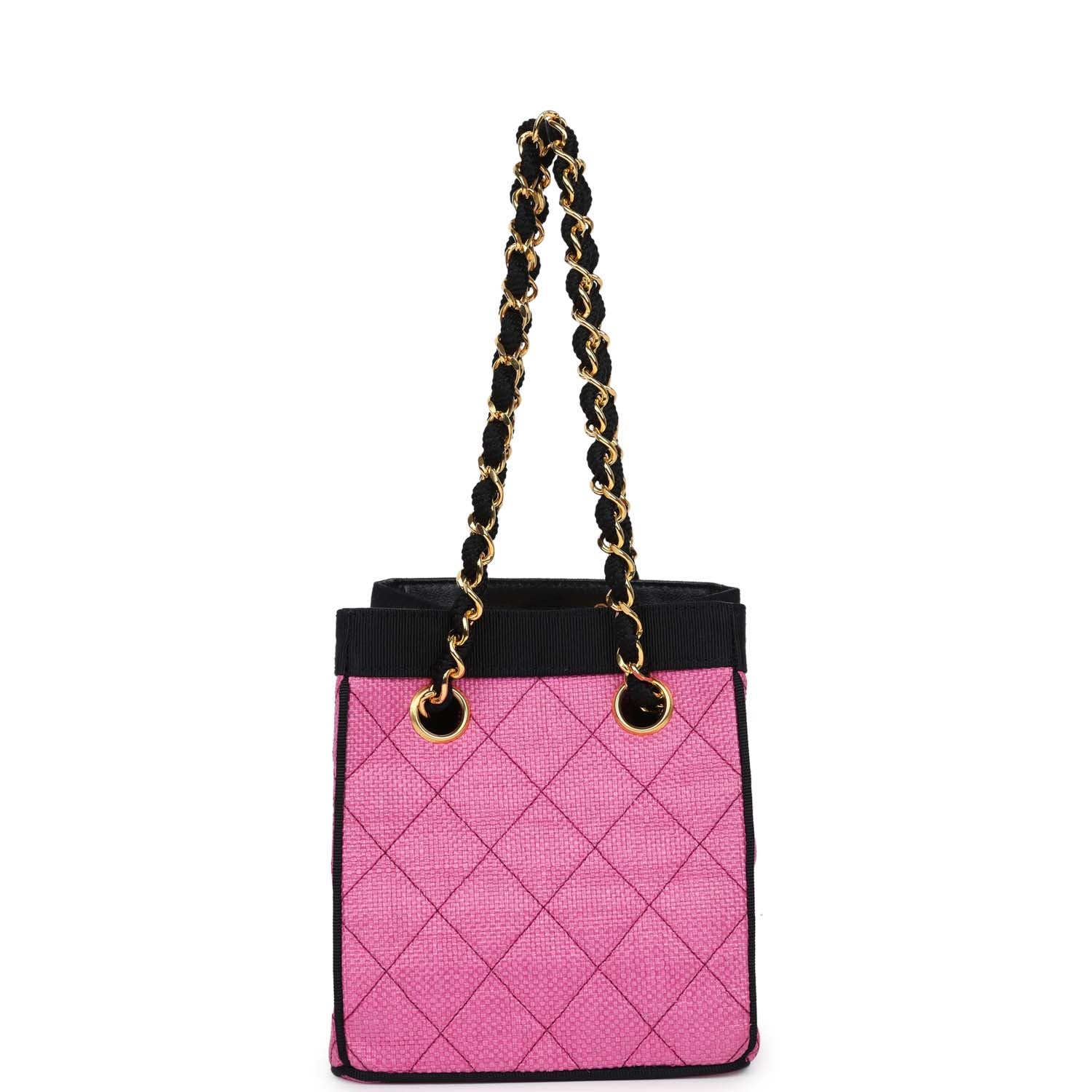 vintage-chanel-set-of-two-mini-bucket-bag-oval-handbag-pink-black-raffia-gold-metal