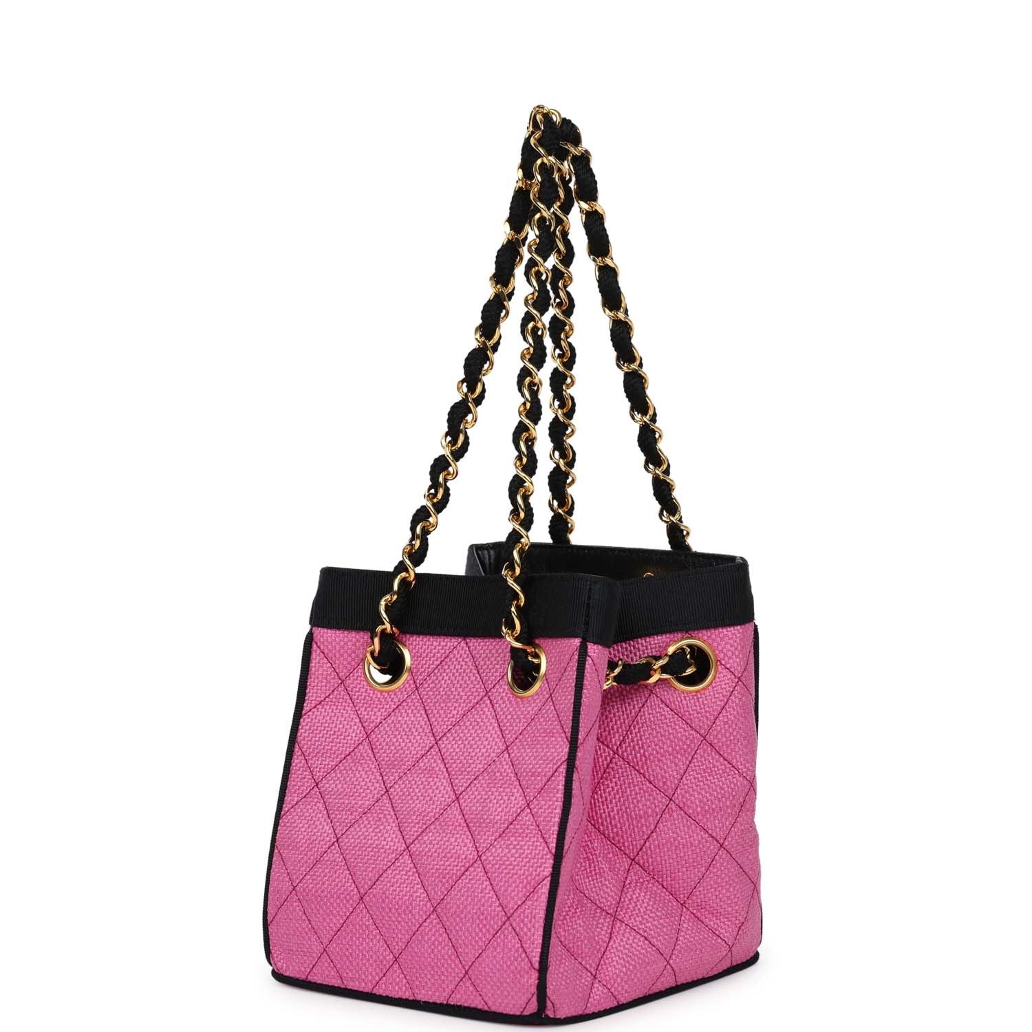 vintage-chanel-set-of-two-mini-bucket-bag-oval-handbag-pink-black-raffia-gold-metal