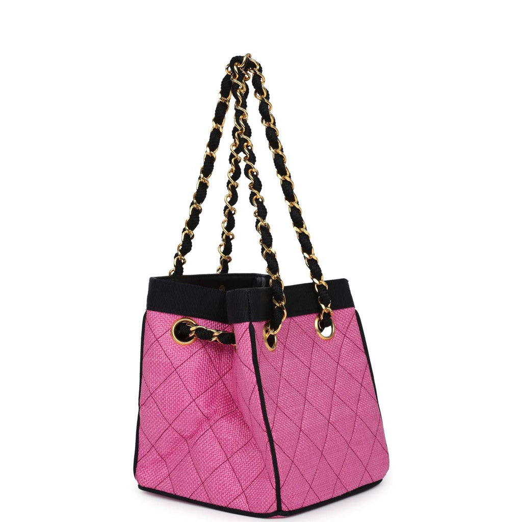 vintage-chanel-set-of-two-mini-bucket-bag-oval-handbag-pink-black-raffia-gold-metal