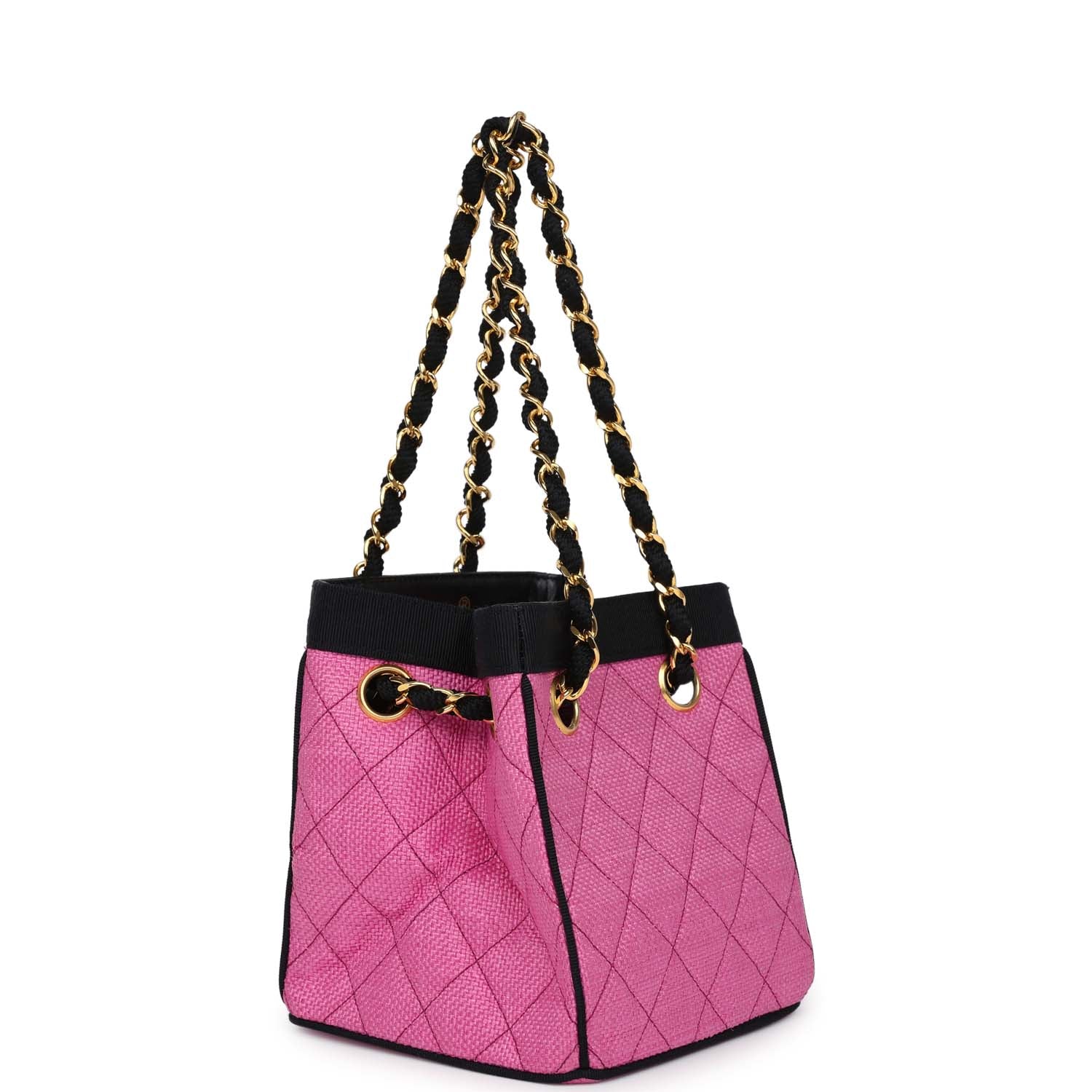 vintage-chanel-set-of-two-mini-bucket-bag-oval-handbag-pink-black-raffia-gold-metal