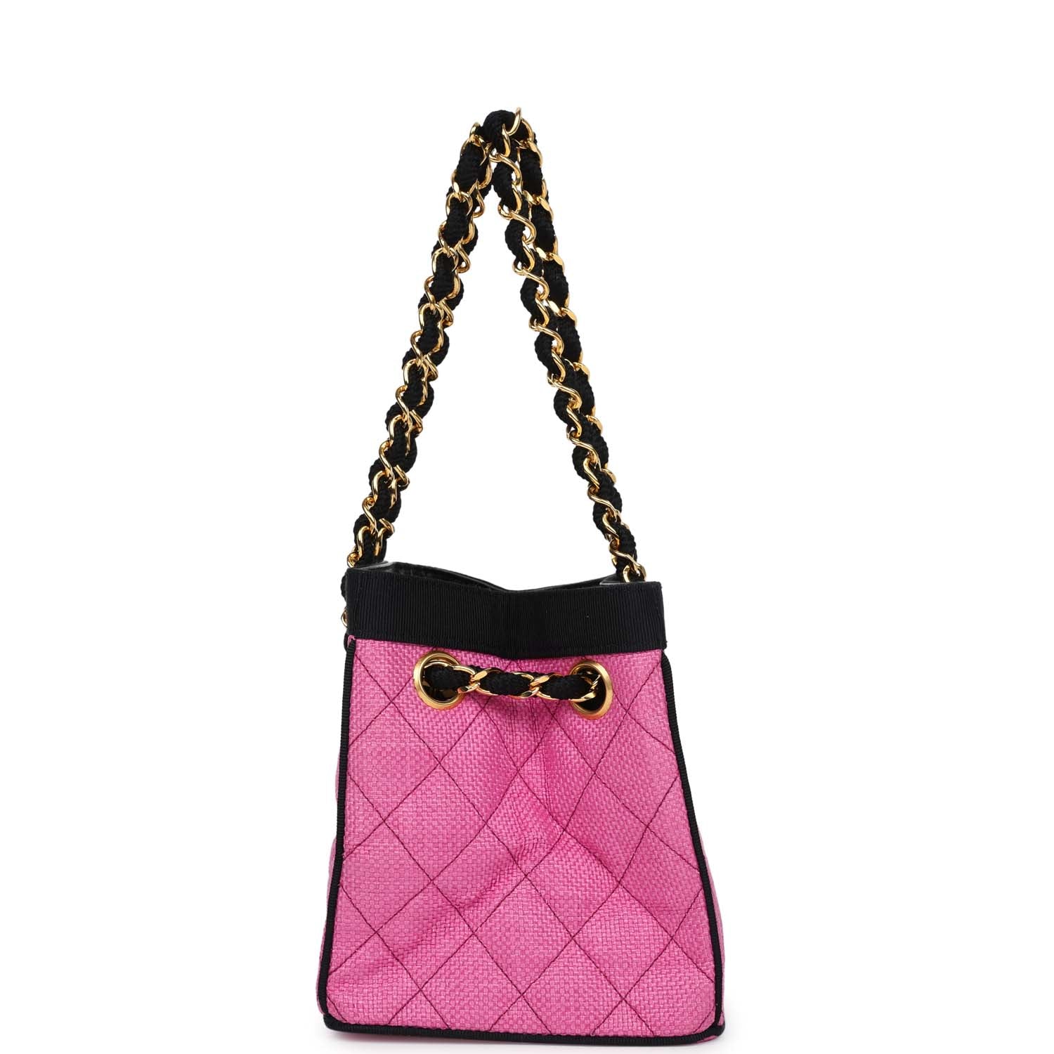 vintage-chanel-set-of-two-mini-bucket-bag-oval-handbag-pink-black-raffia-gold-metal