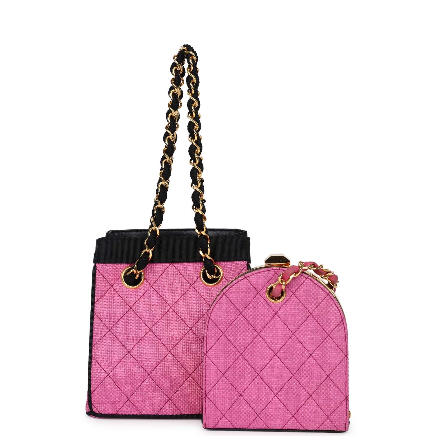 vintage-chanel-set-of-two-mini-bucket-bag-oval-handbag-pink-black-raffia-gold-metal