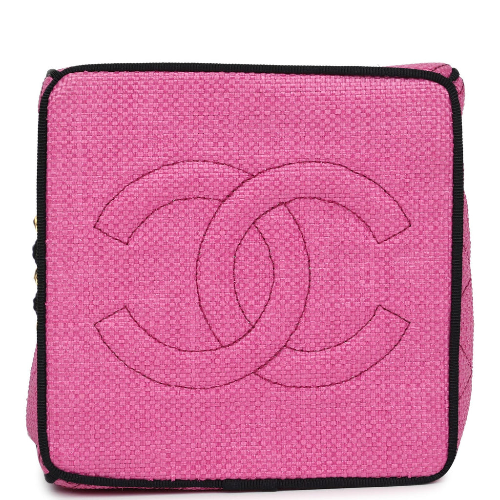 vintage-chanel-set-of-two-mini-bucket-bag-oval-handbag-pink-black-raffia-gold-metal