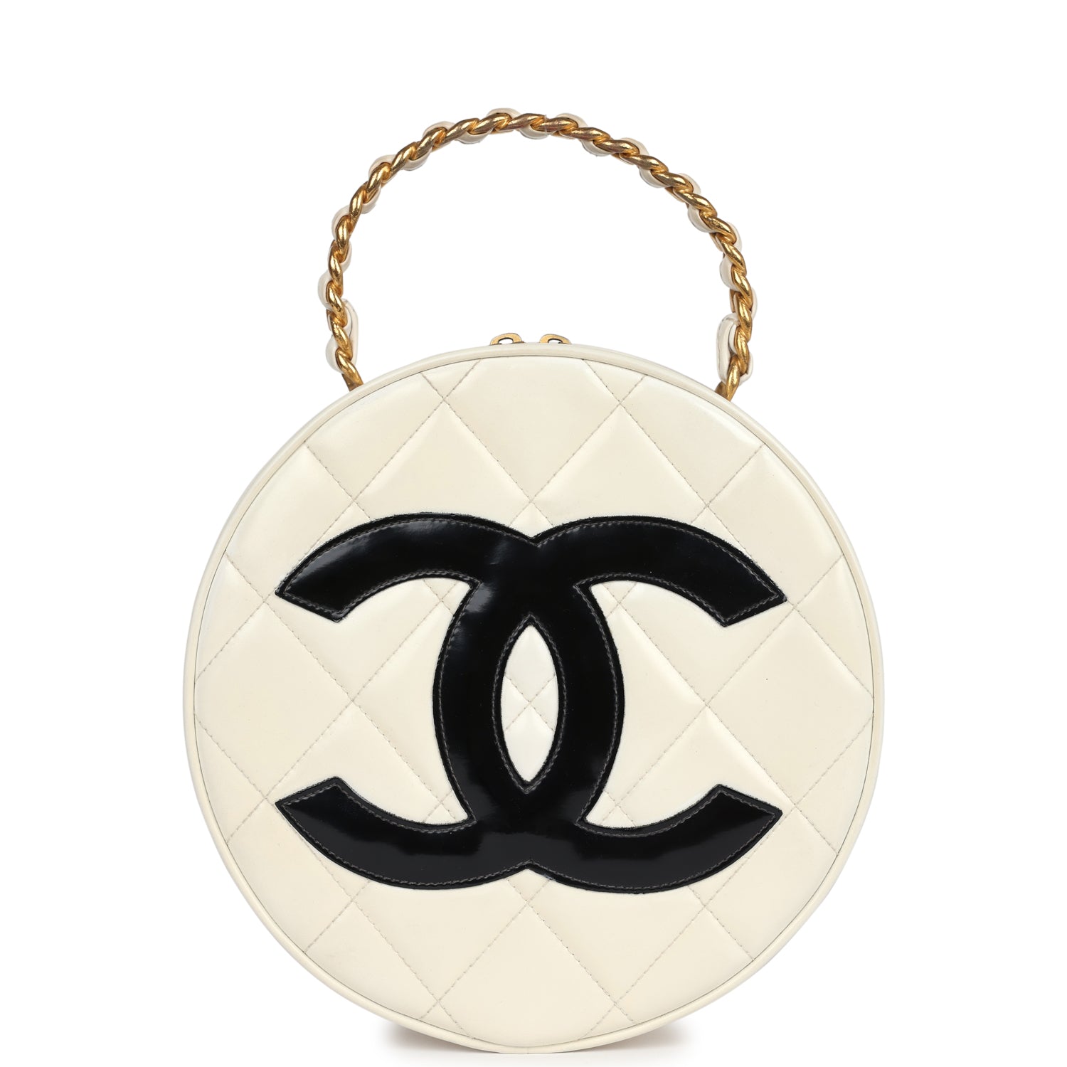 vintage-chanel-round-vanity-bag-white-and-black-patent-leather-antique-gold-metal