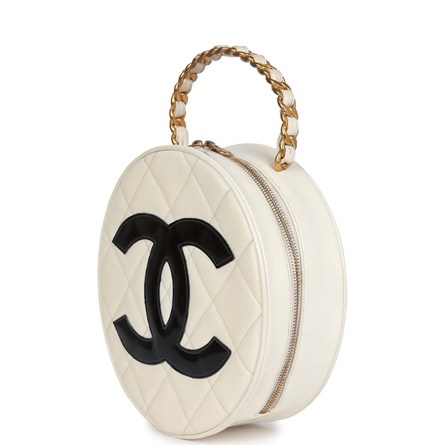 vintage-chanel-round-vanity-bag-white-and-black-patent-leather-antique-gold-metal