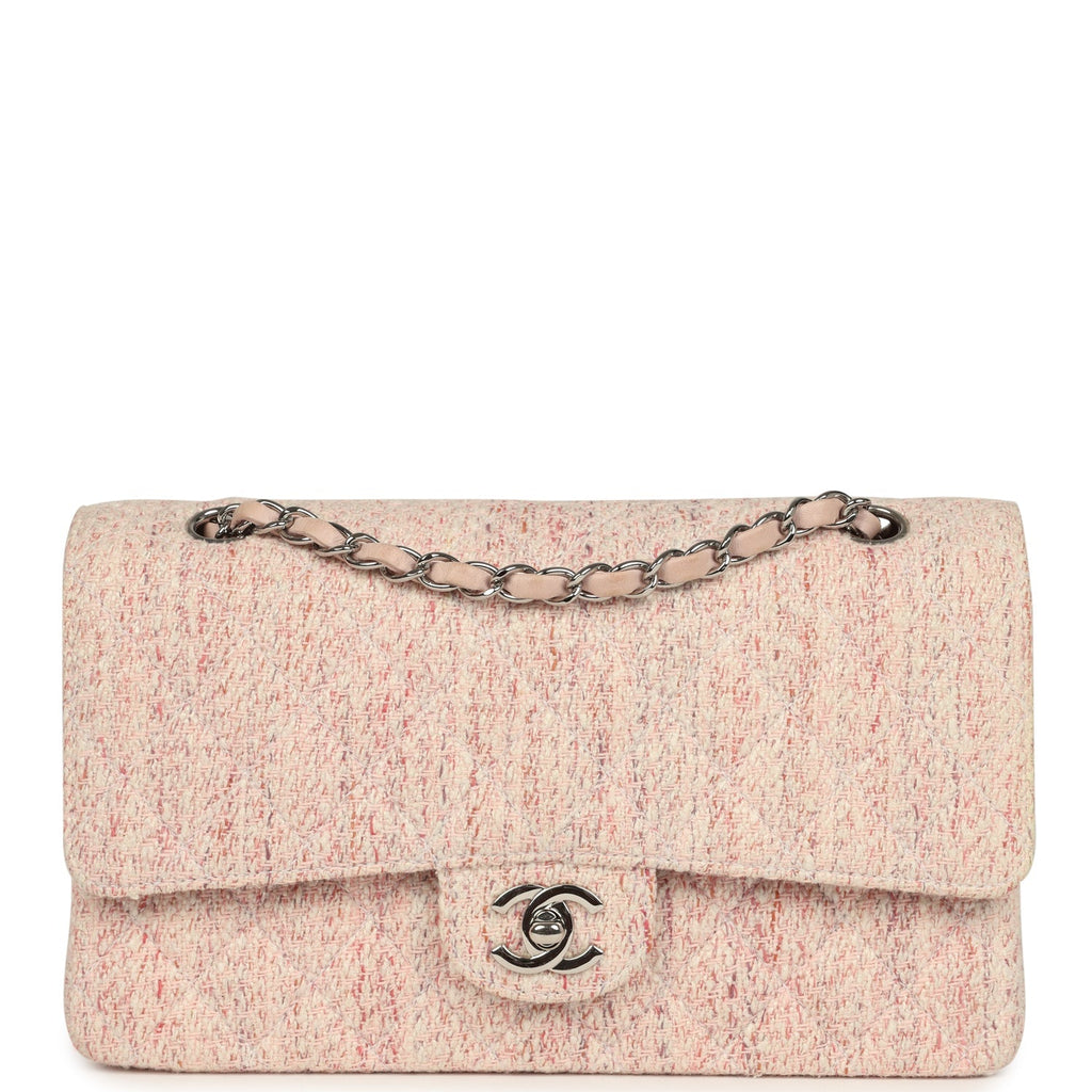 vintage-chanel-medium-classic-double-flap-bag-light-pink-and-white-tweed-silver-metal