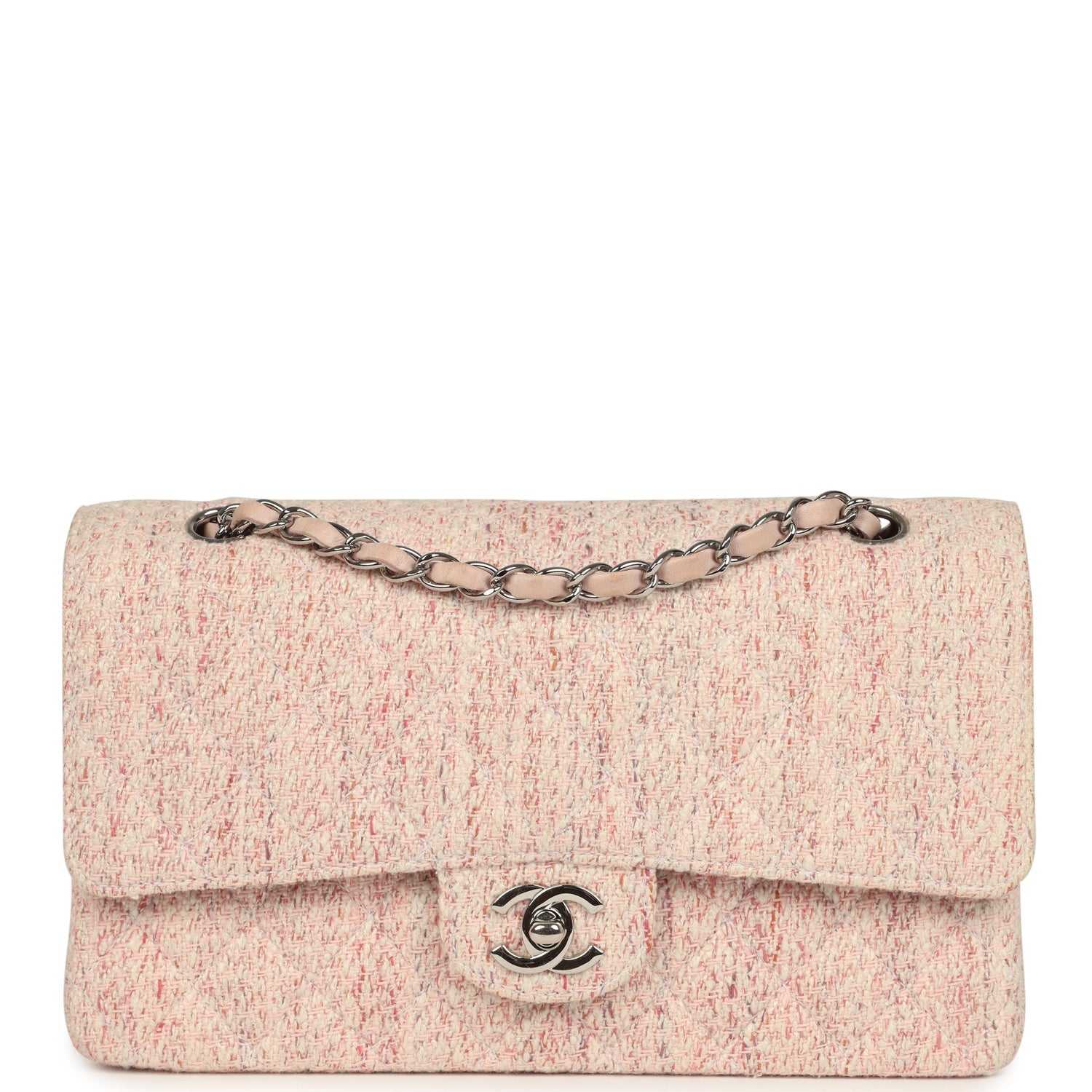 vintage-chanel-medium-classic-double-flap-bag-light-pink-and-white-tweed-silver-metal