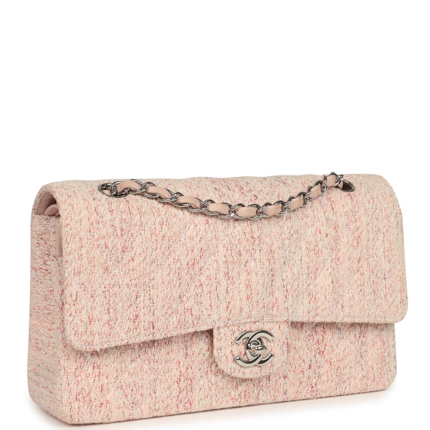 vintage-chanel-medium-classic-double-flap-bag-light-pink-and-white-tweed-silver-metal