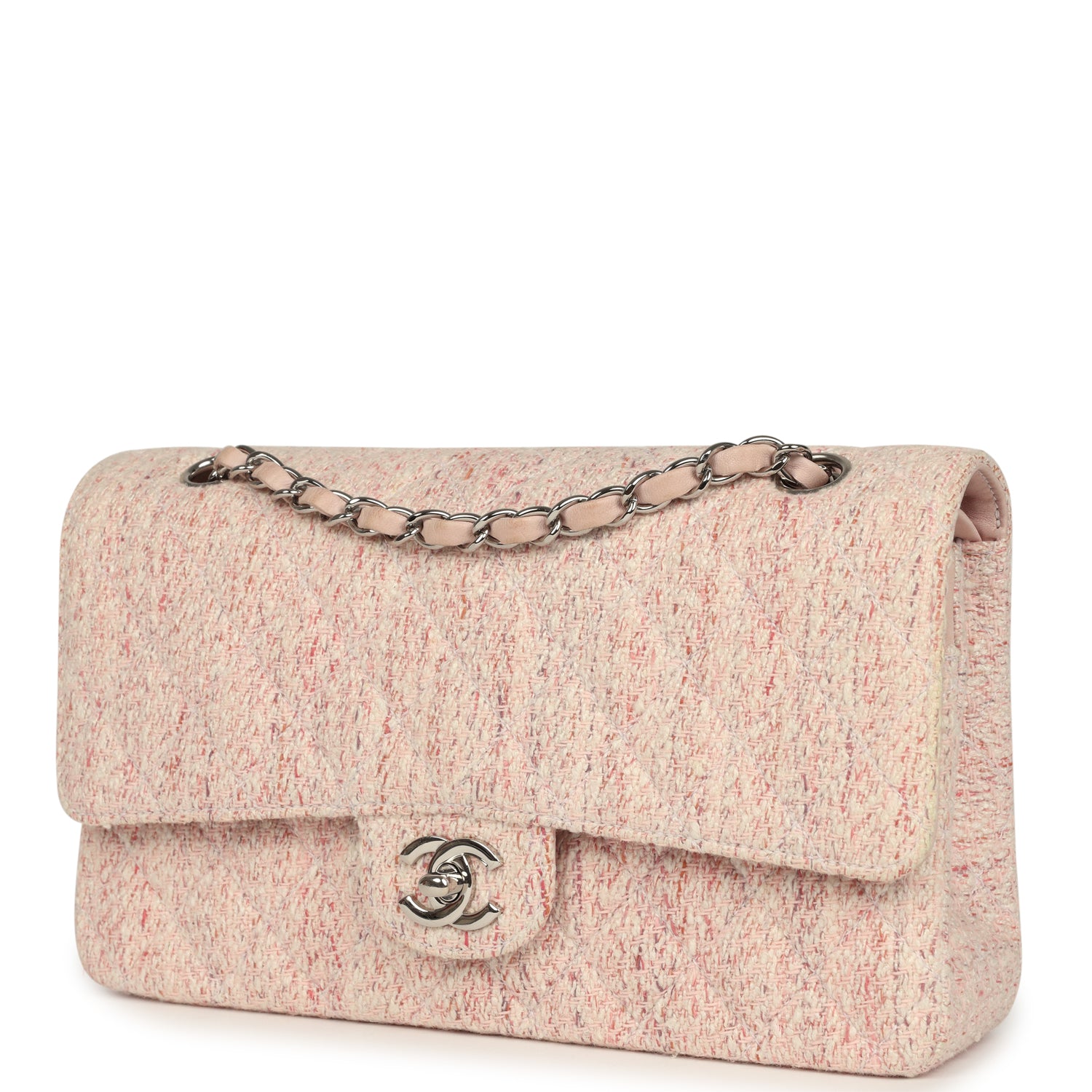 vintage-chanel-medium-classic-double-flap-bag-light-pink-and-white-tweed-silver-metal