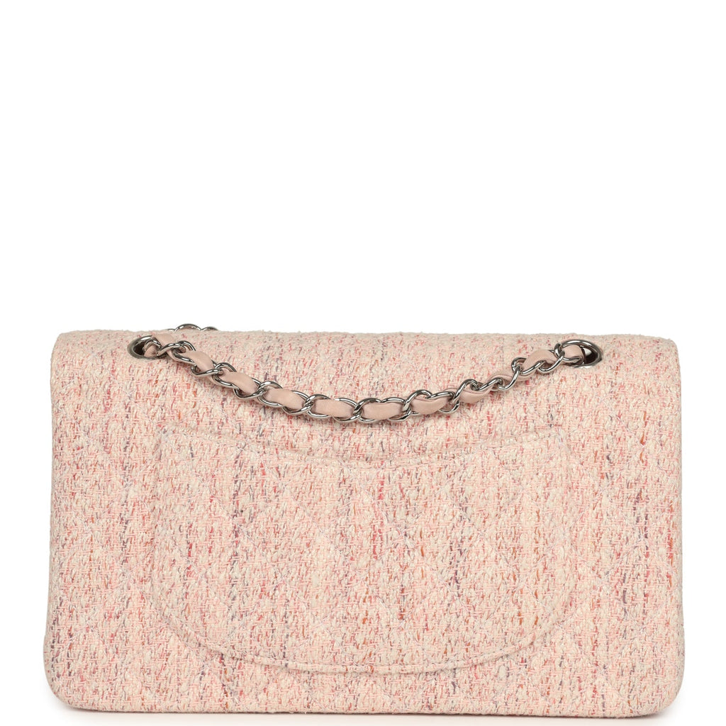 vintage-chanel-medium-classic-double-flap-bag-light-pink-and-white-tweed-silver-metal