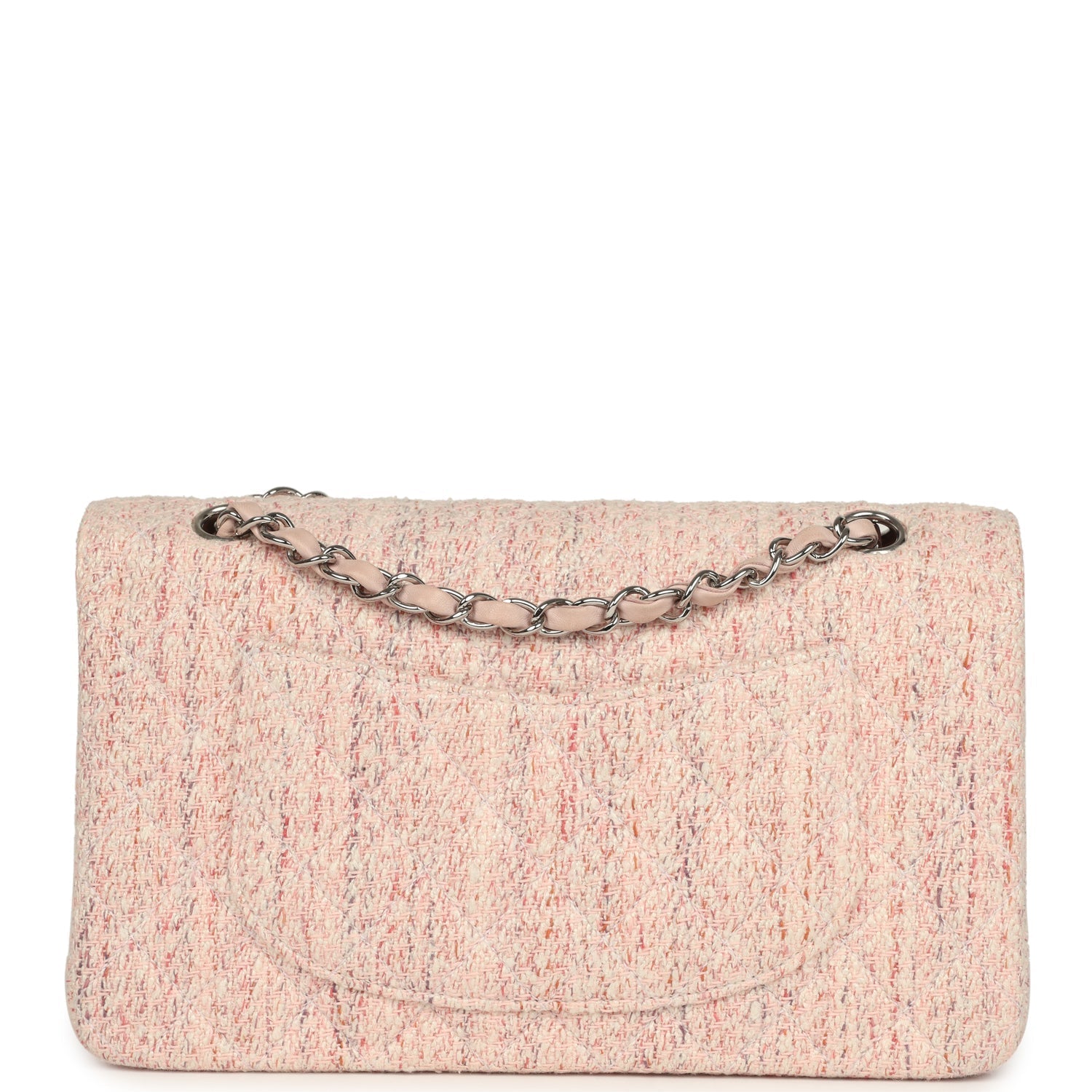 vintage-chanel-medium-classic-double-flap-bag-light-pink-and-white-tweed-silver-metal
