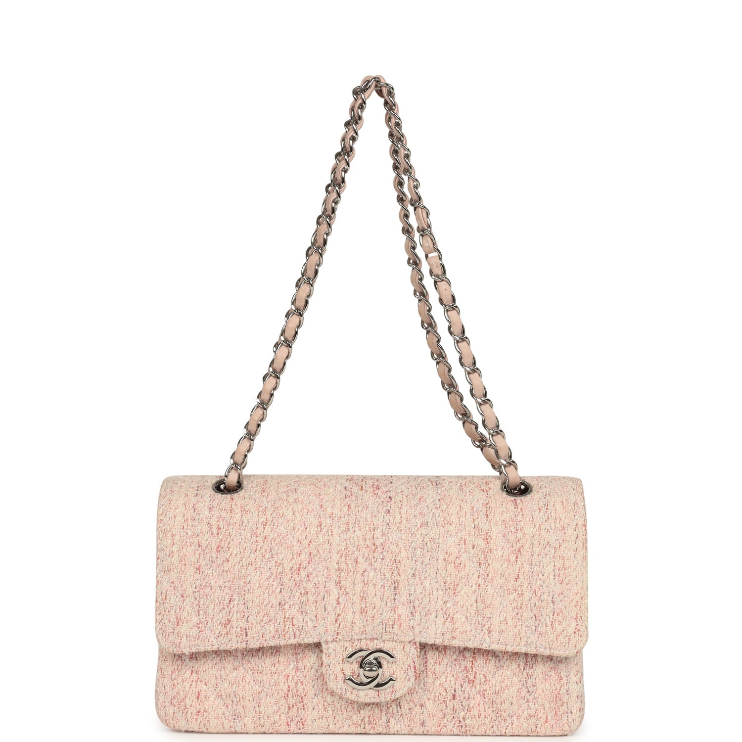 vintage-chanel-medium-classic-double-flap-bag-light-pink-and-white-tweed-silver-metal