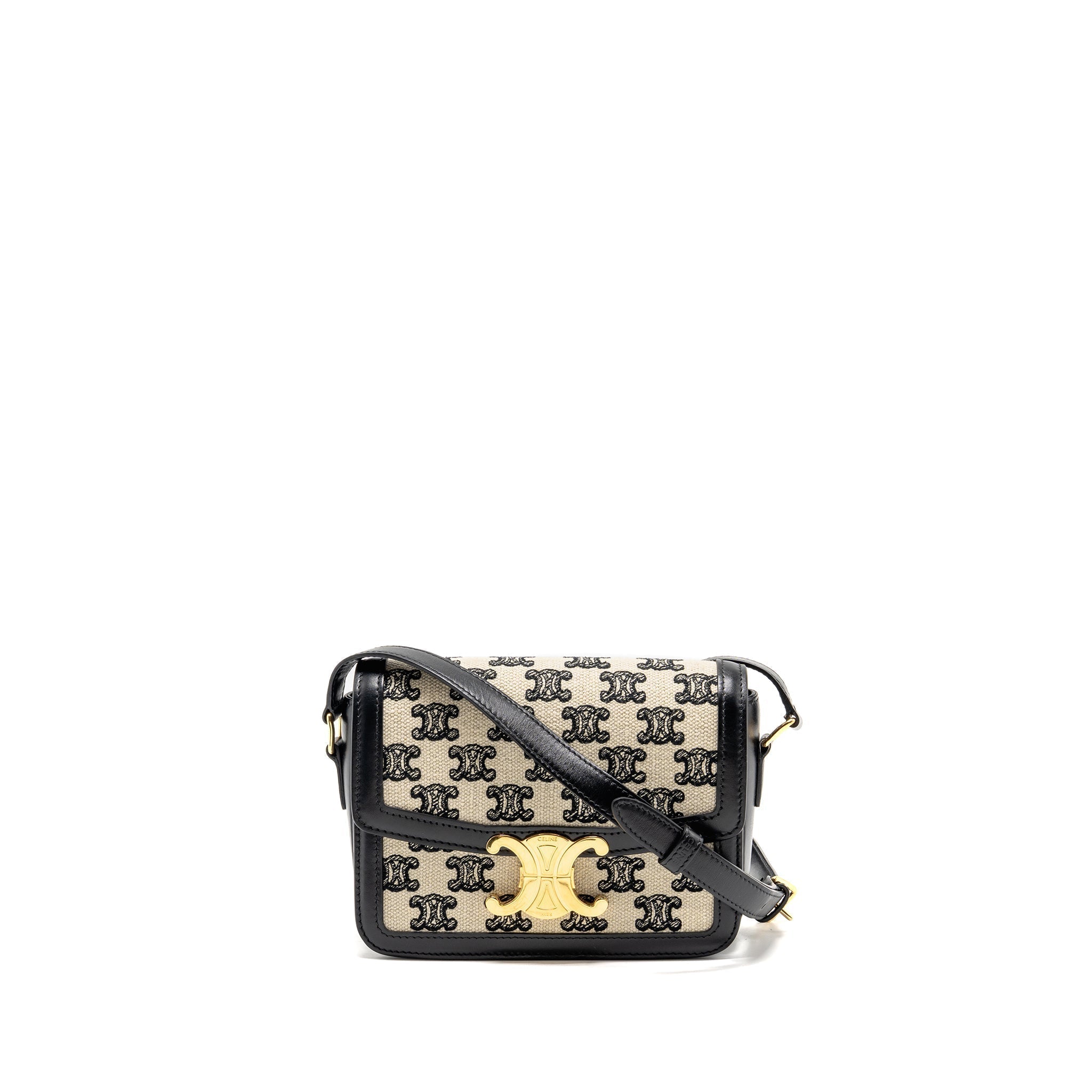 celine-teen-triomphe-bag-triomphe-canvas-calfskin-black-white-ghw