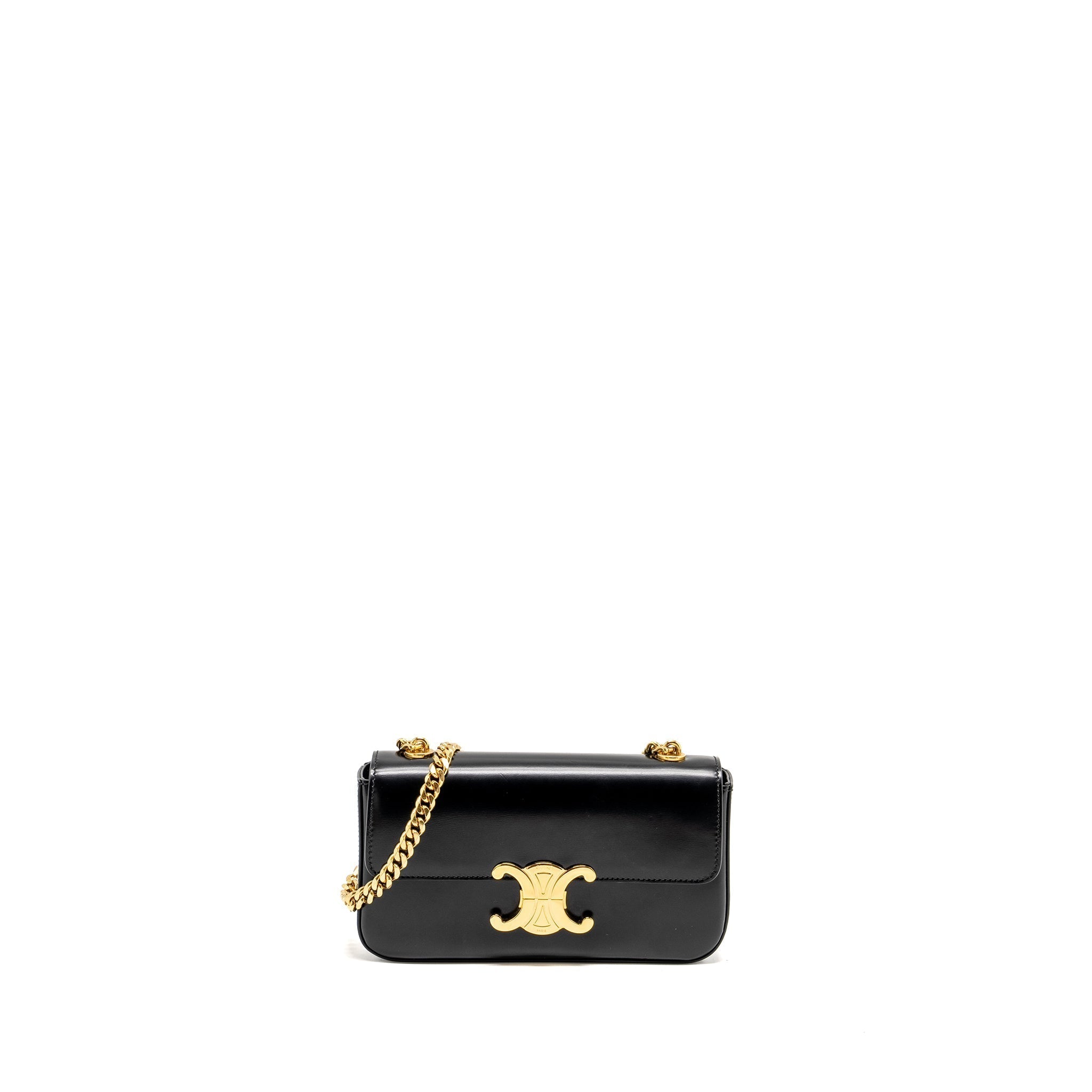 celine-triomphe-chain-shoulder-bag-shiny-calfskin-black-ghw