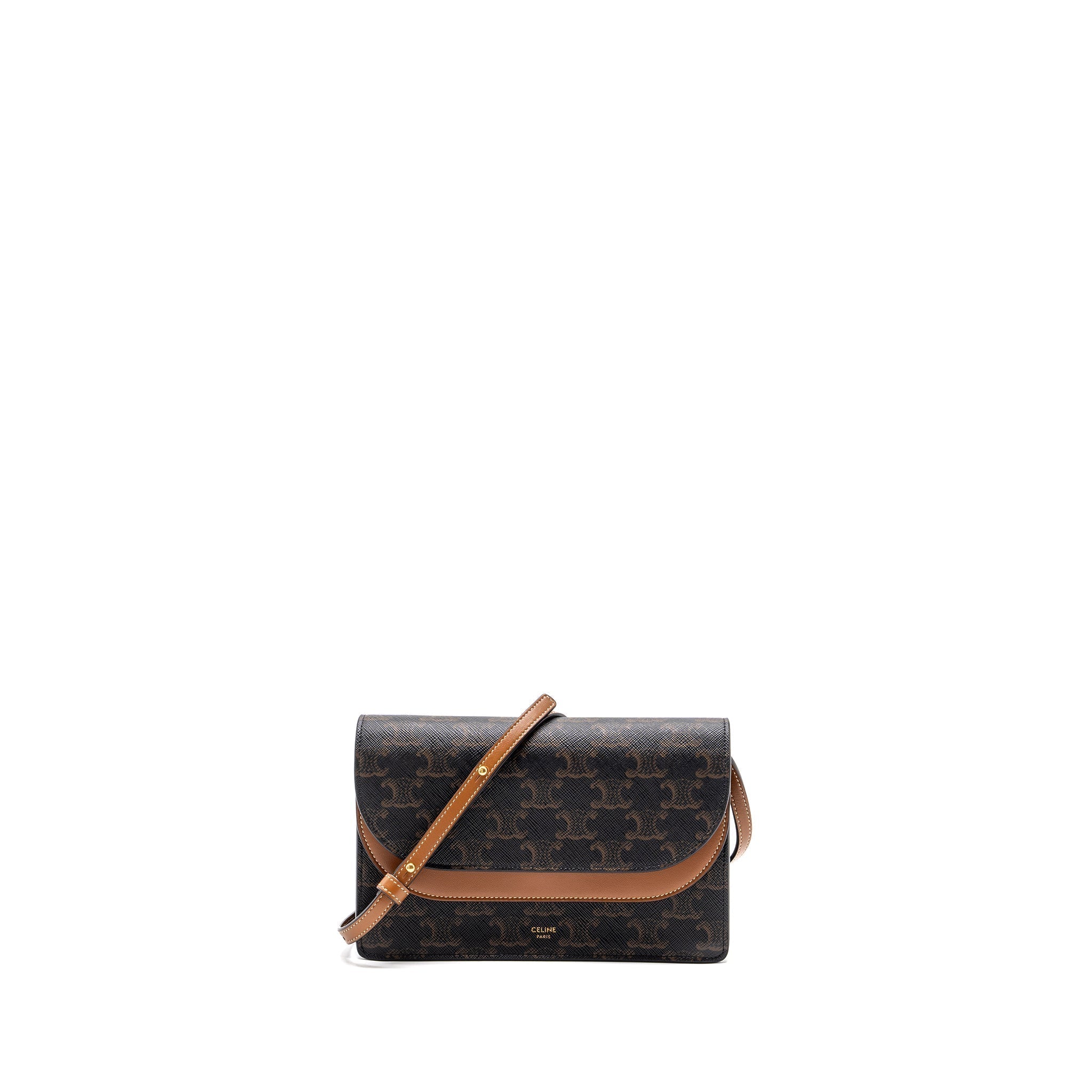 celine-wallet-on-strap-triomphe-canvas-smooth-lambskin-tan-with-ghw