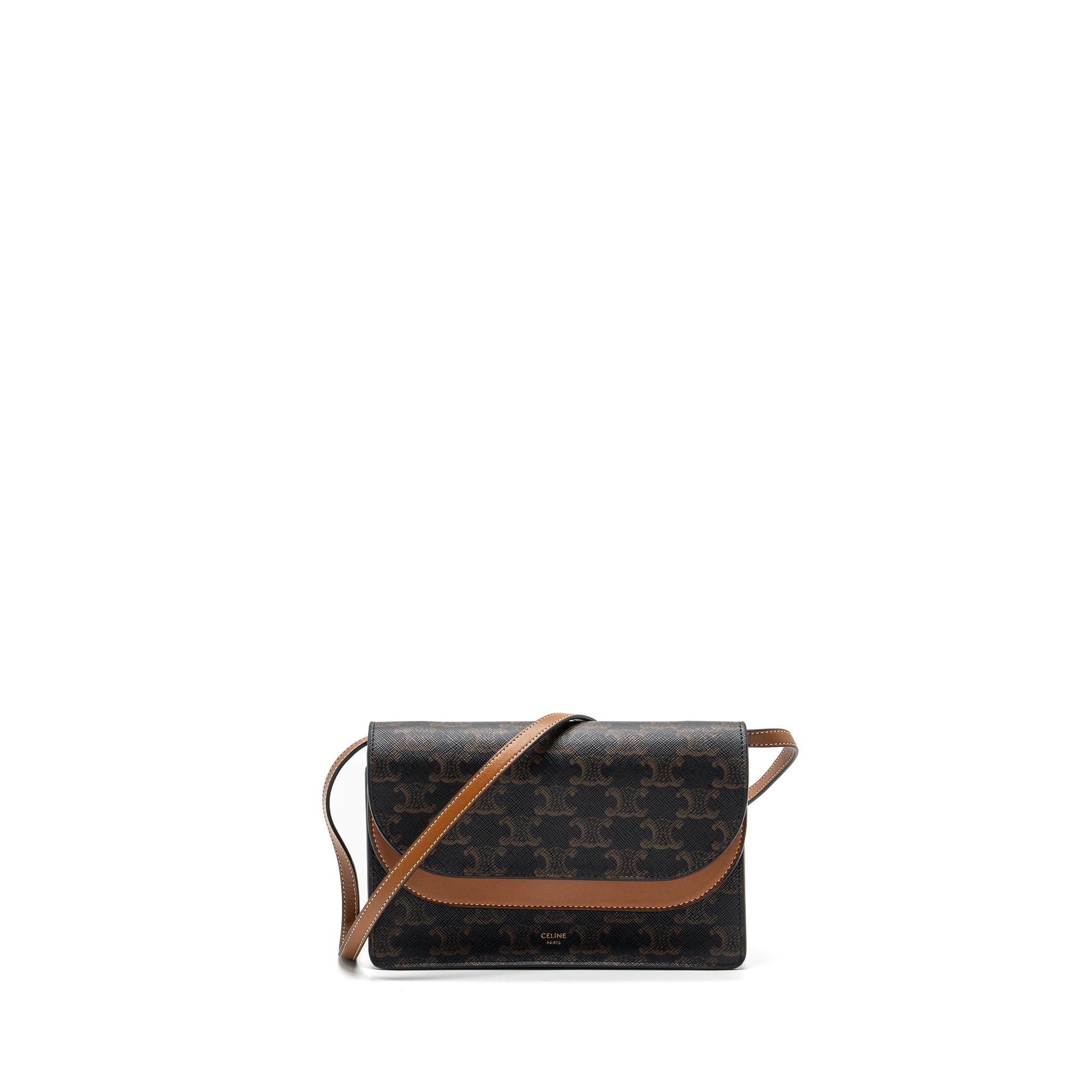 celine-wallet-on-strap-triomphe-canvas-leather-tan-ghw