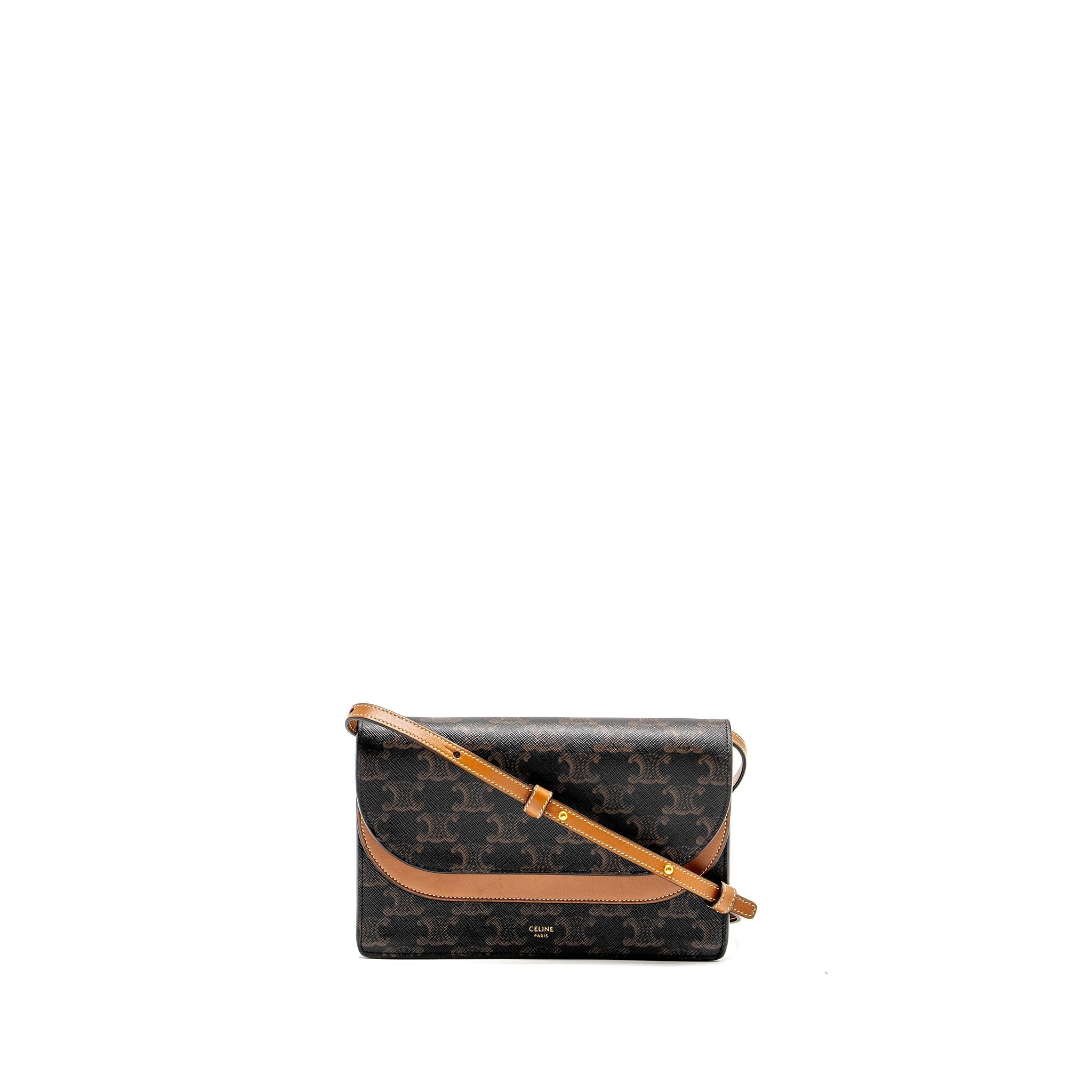 celine-wallet-on-strap-triomphe-canvas-smooth-lambskin-tan-ghw-6