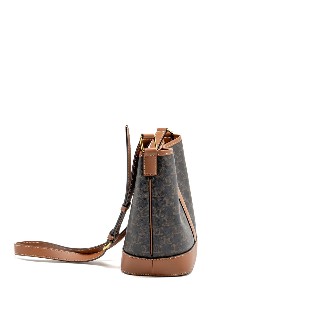 celine-small-bucket-bag-triomphe-canvas-calfskin-tan-ghw-1