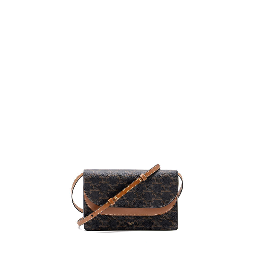 celine-wallet-on-strap-triomphe-canvas-lambskin-tan-ghw