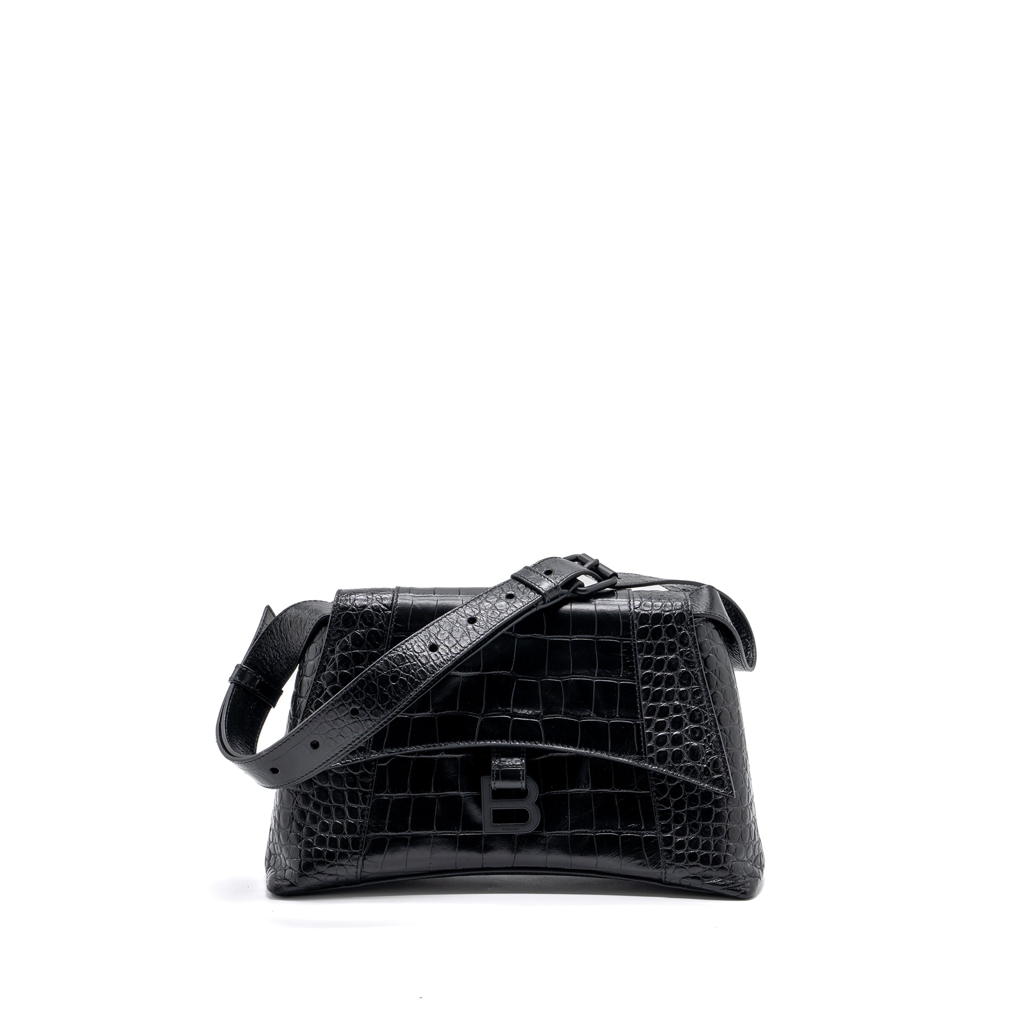balenciaga-downtown-small-shoudler-bag-crocodile-embossed-black-with-black-hardware