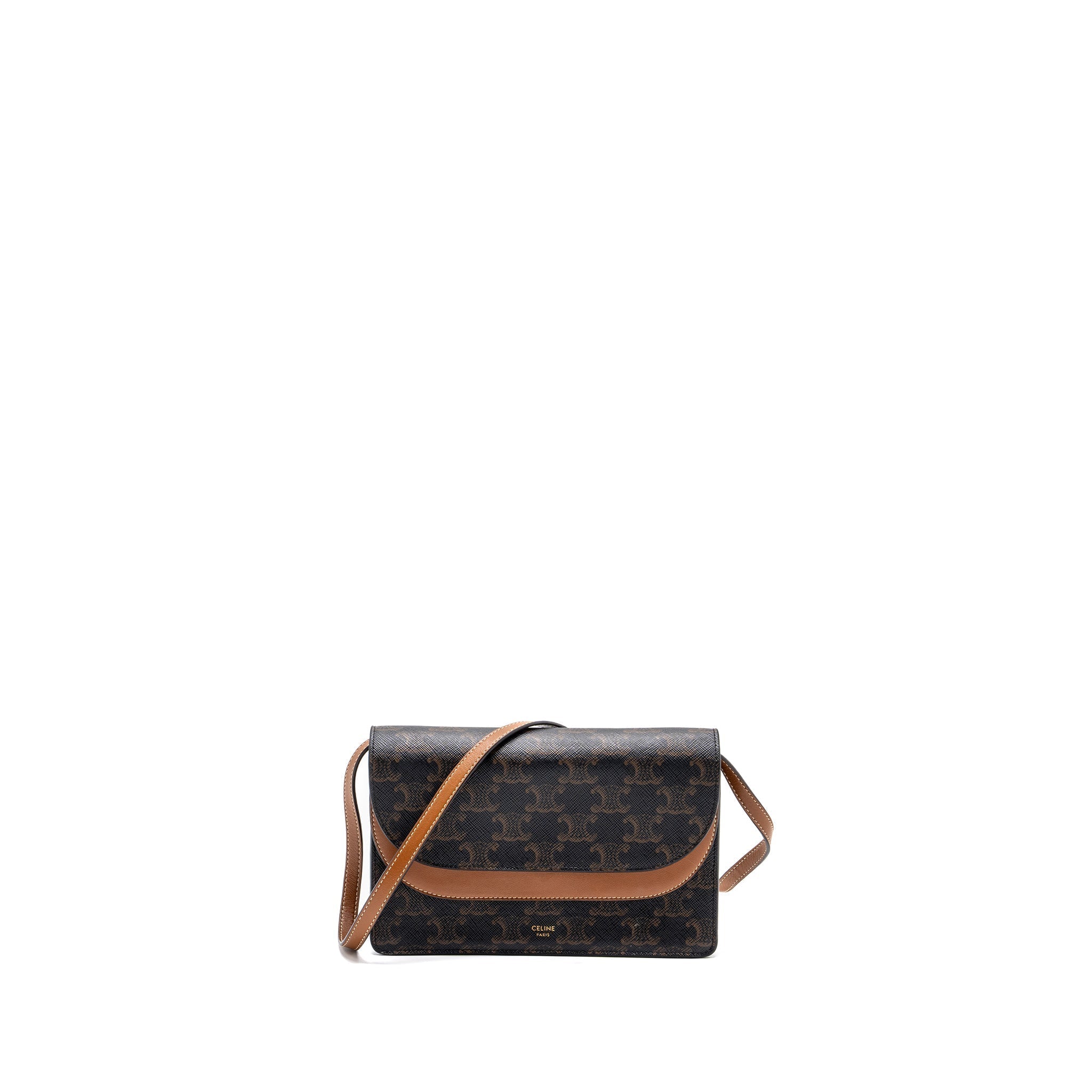 celine-wallet-on-strap-triomphe-canvas-smooth-lambskin-tan-ghw-1