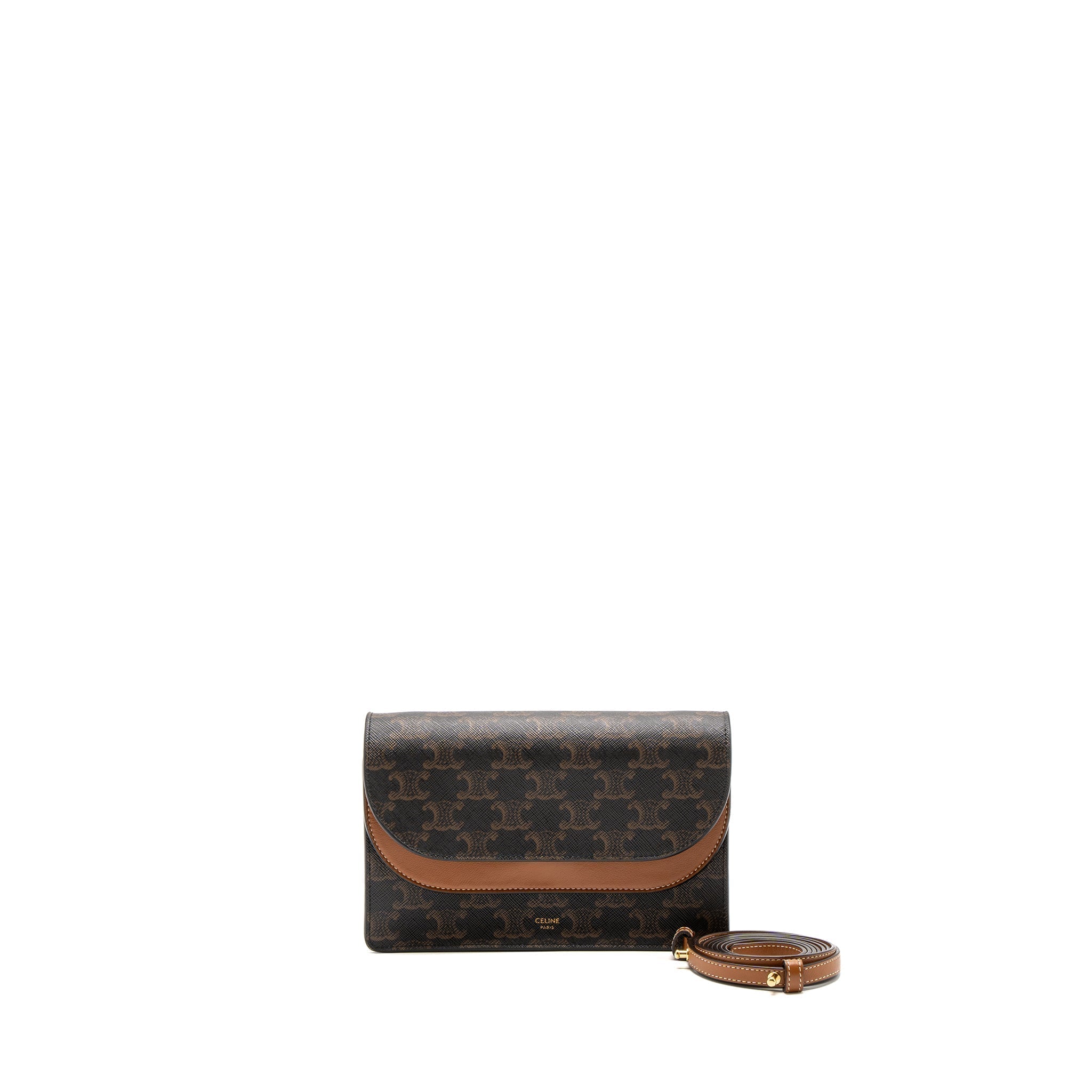 celine-wallet-on-strap-triomphe-canvas-smooth-lambskin-tan-ghw