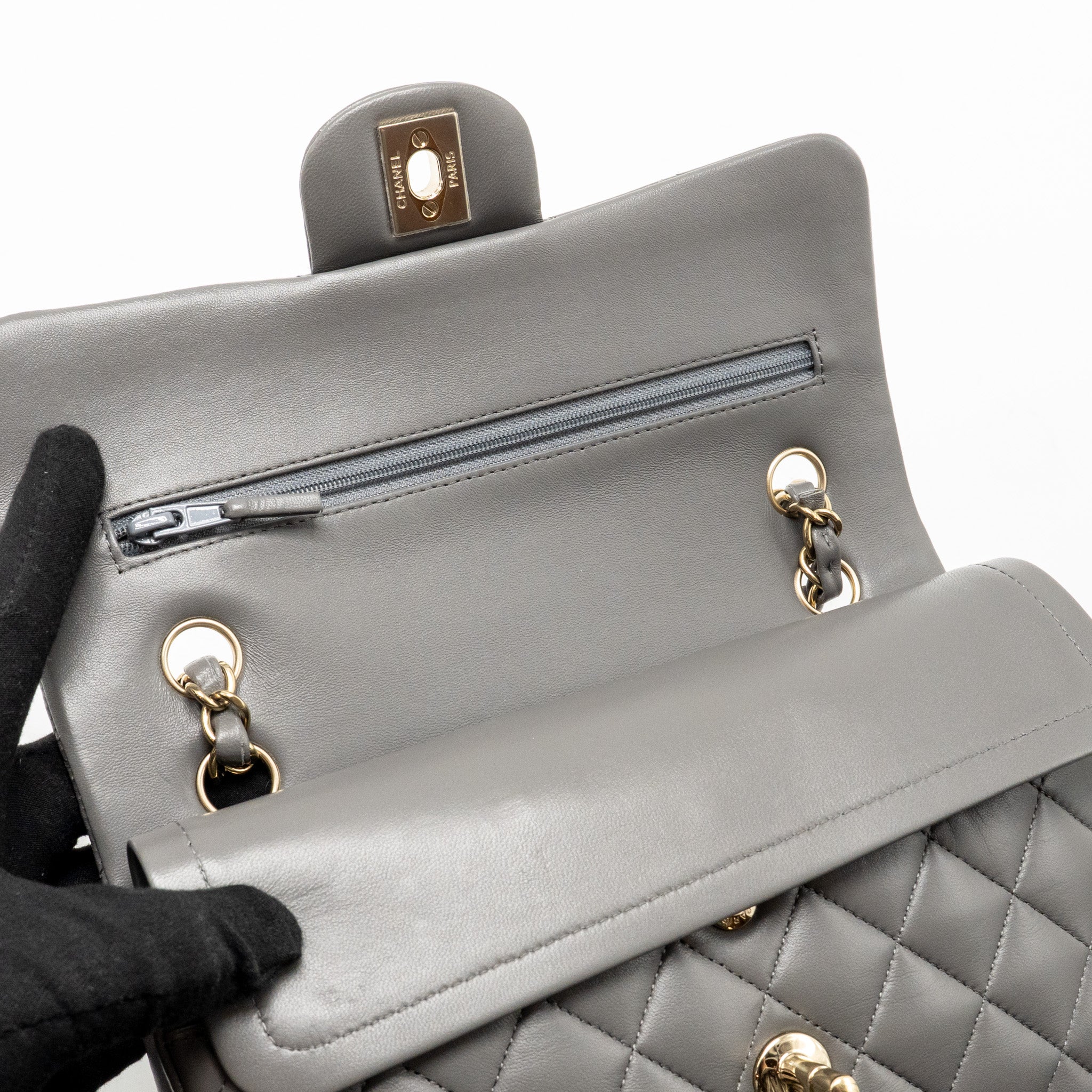 chanel-small-classic-double-flap-bag-lambskin-grey-lghw-microchip