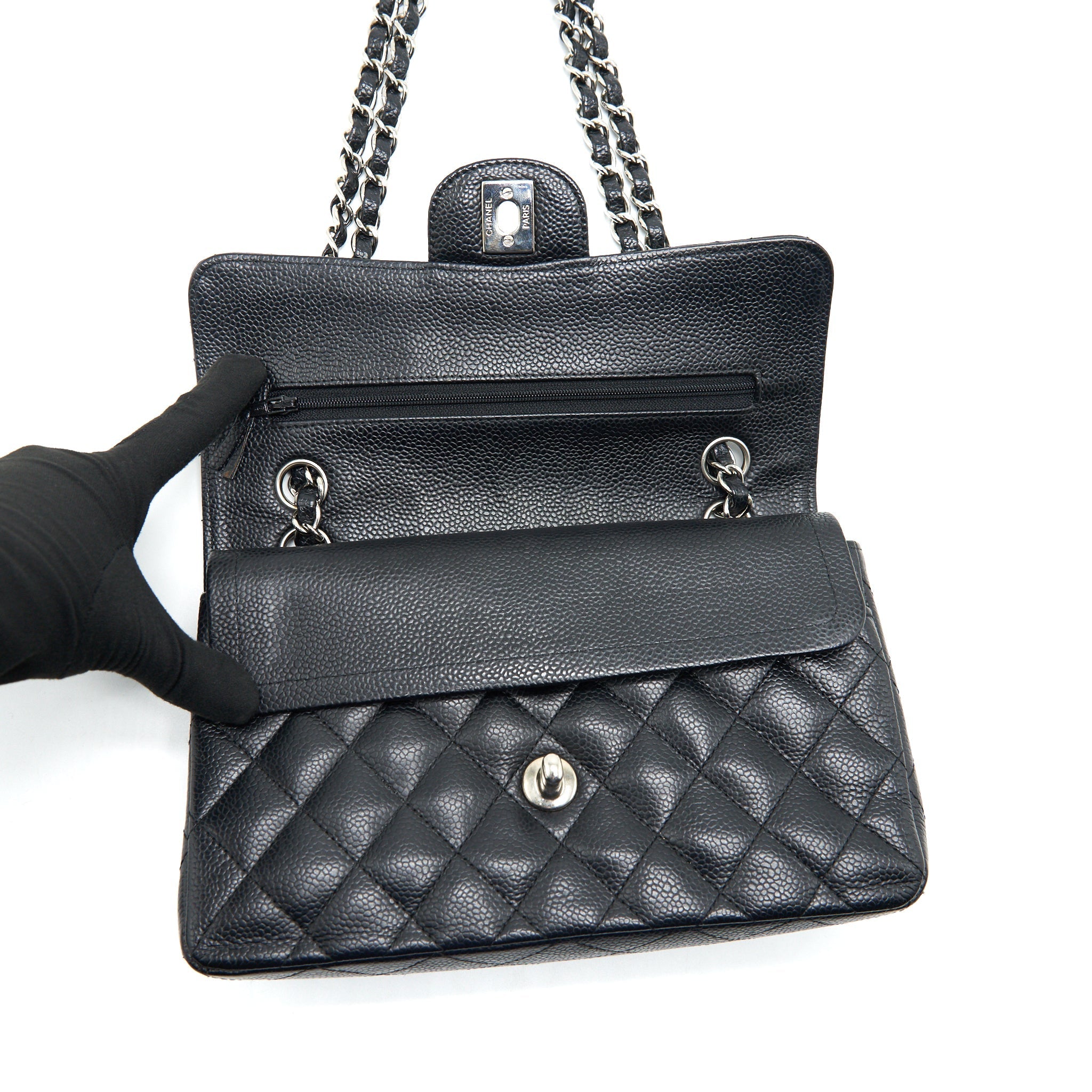 chanel-small-classic-double-flap-bag-black-caviar-shw