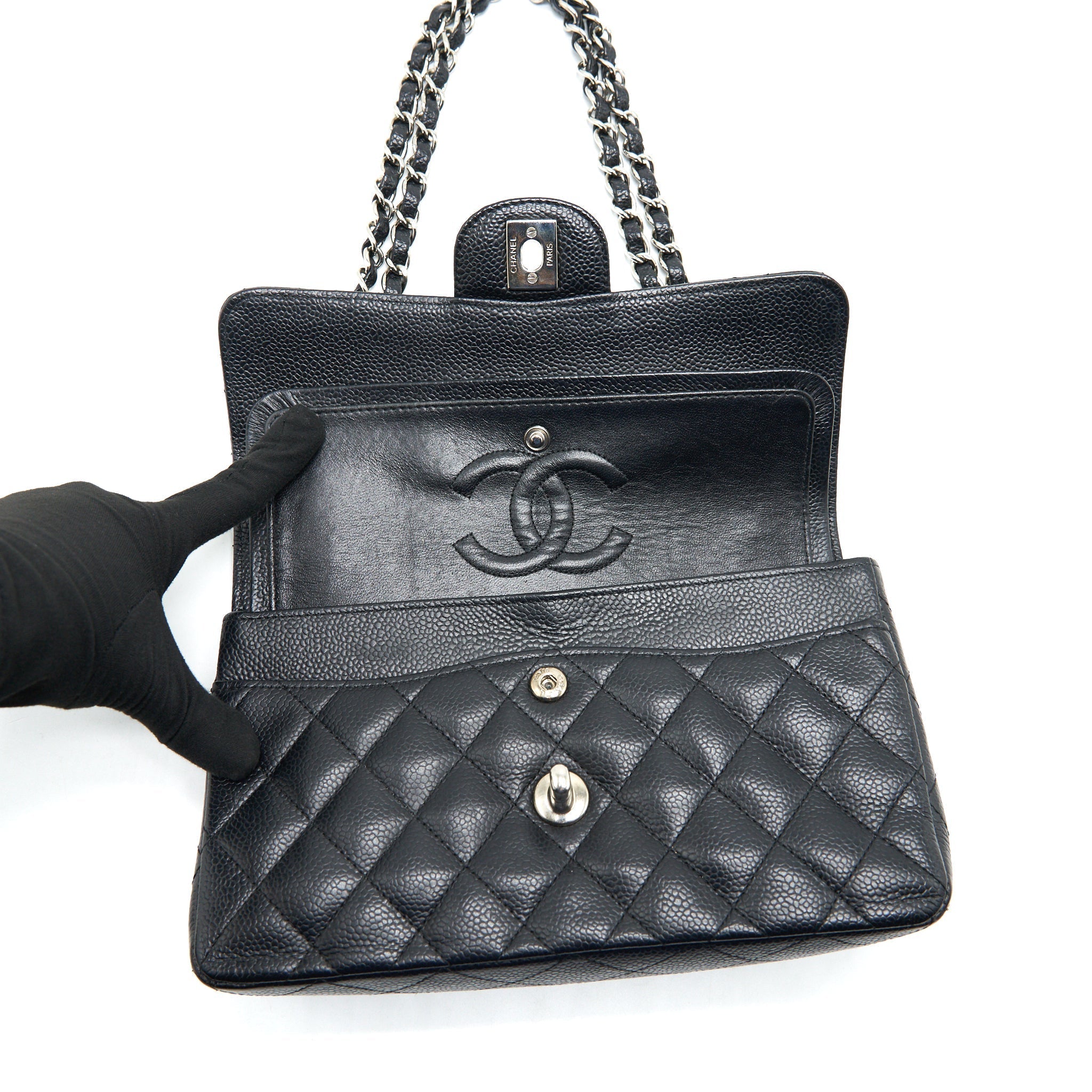 chanel-small-classic-double-flap-bag-black-caviar-shw