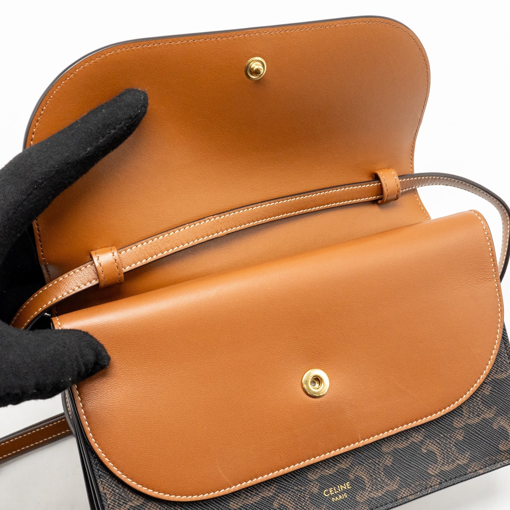 celine-wallet-on-strap-triomphe-canvas-smooth-lambskin-tan-ghw-7