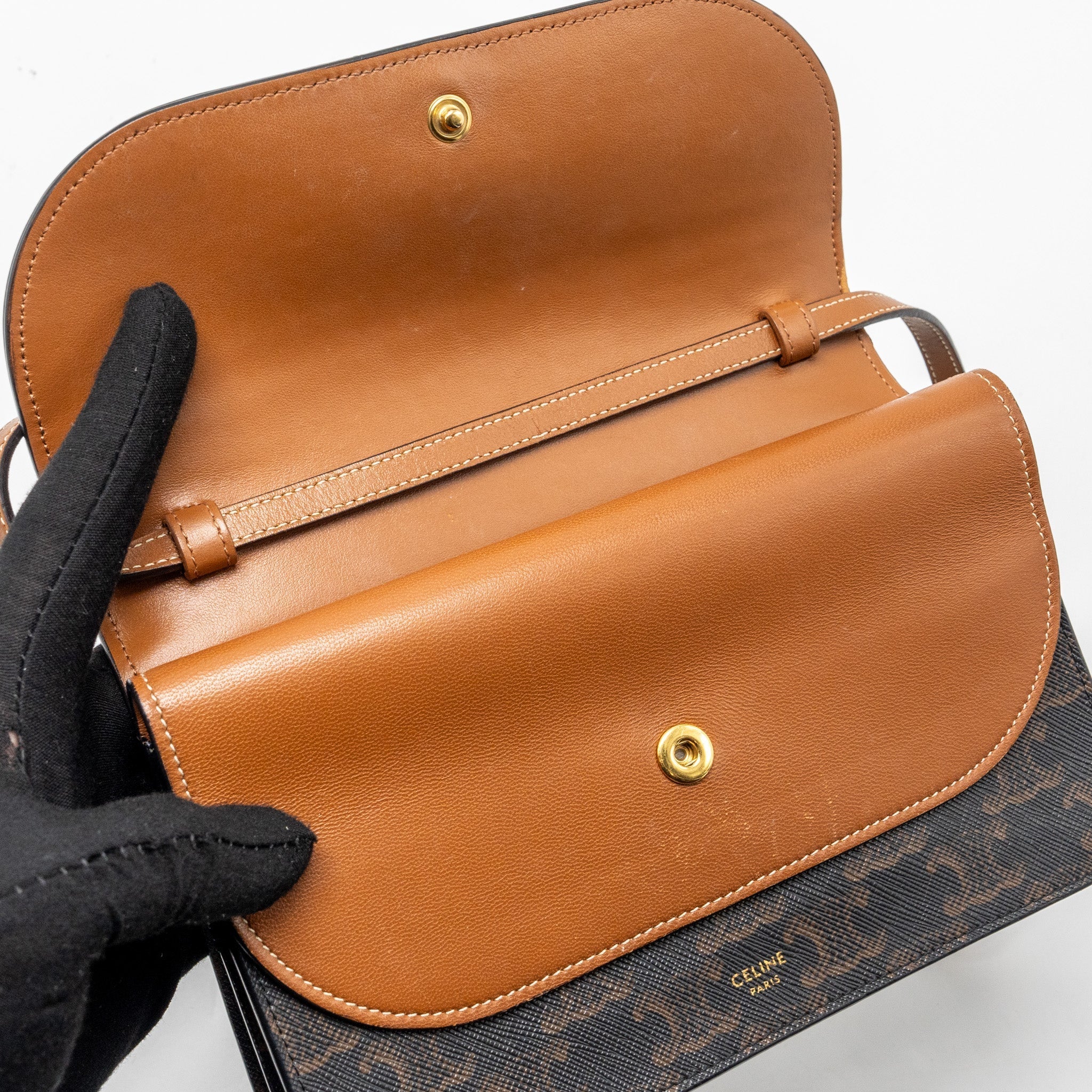celine-wallet-on-strap-triomphe-canvas-smooth-lambskin-tan-ghw-4
