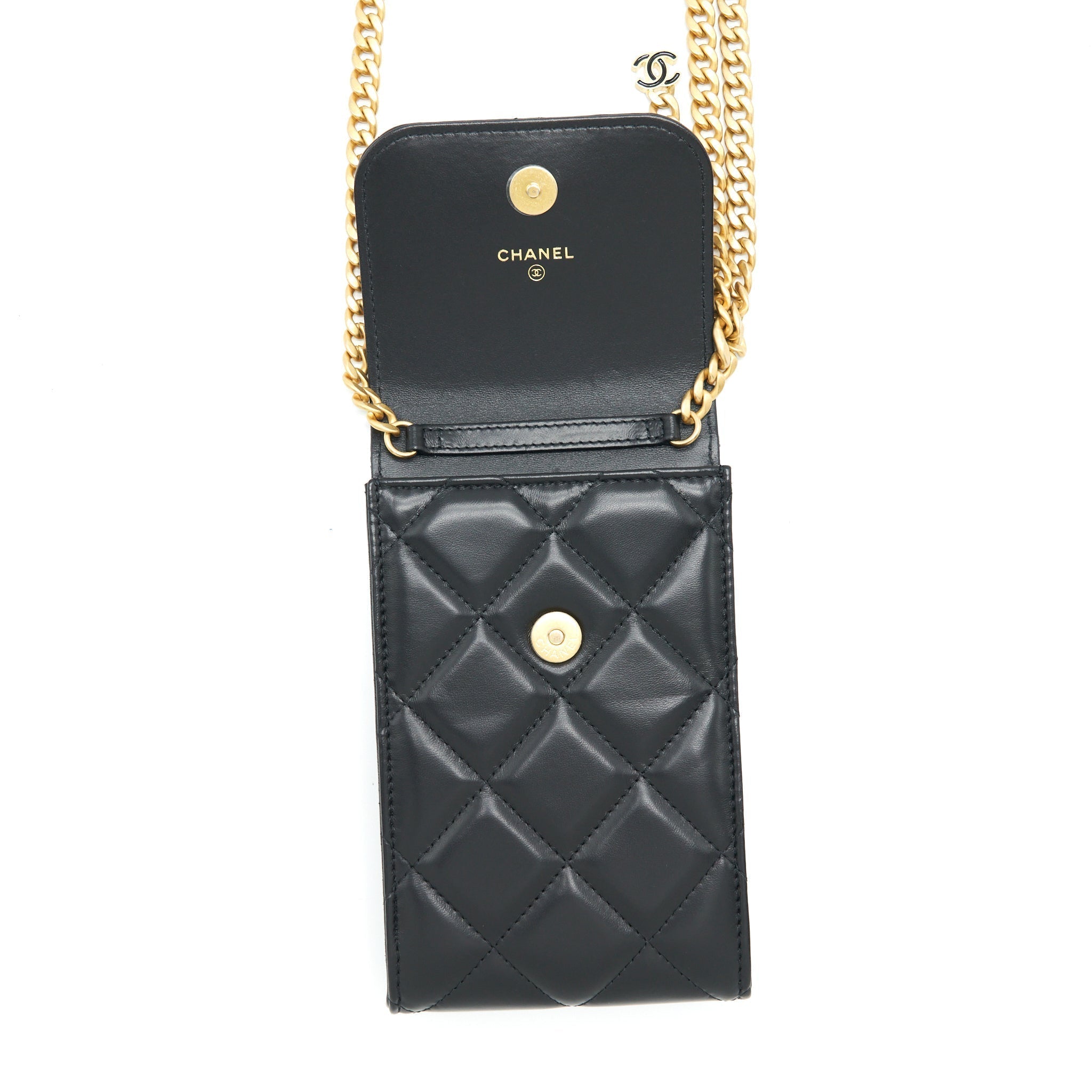 chanel-22p-vertical-mini-flap-phone-case-lambskin-black-with-enamel-and-gold-hardware