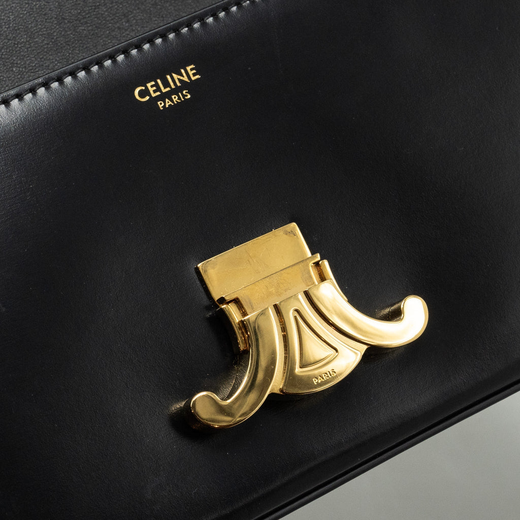 celine-triomphe-chain-shoulder-bag-shiny-calfskin-black-ghw