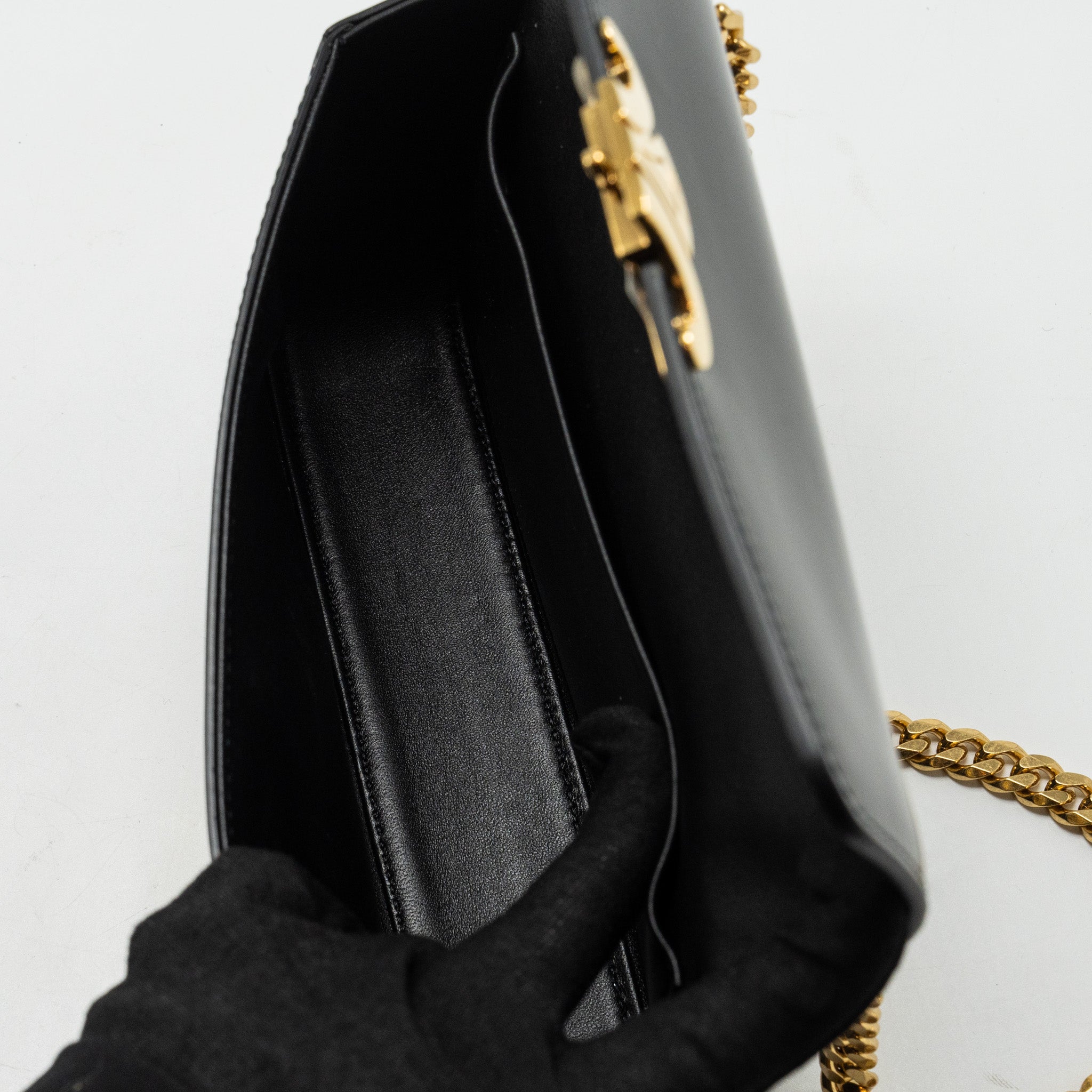 celine-triomphe-chain-shoulder-bag-shiny-calfskin-black-ghw