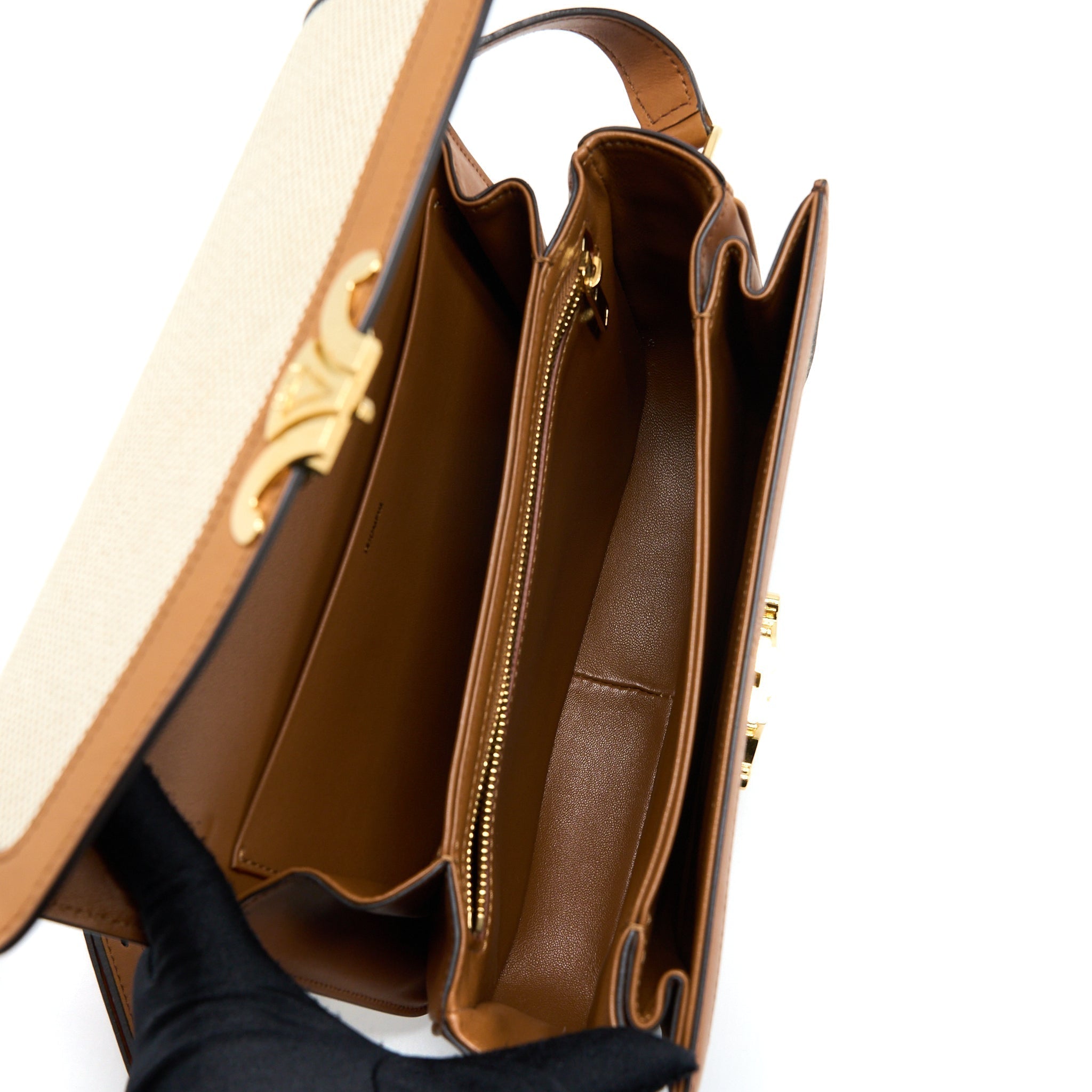 celine-triomphe-bag-textile-calfskin-white-tan-ghw