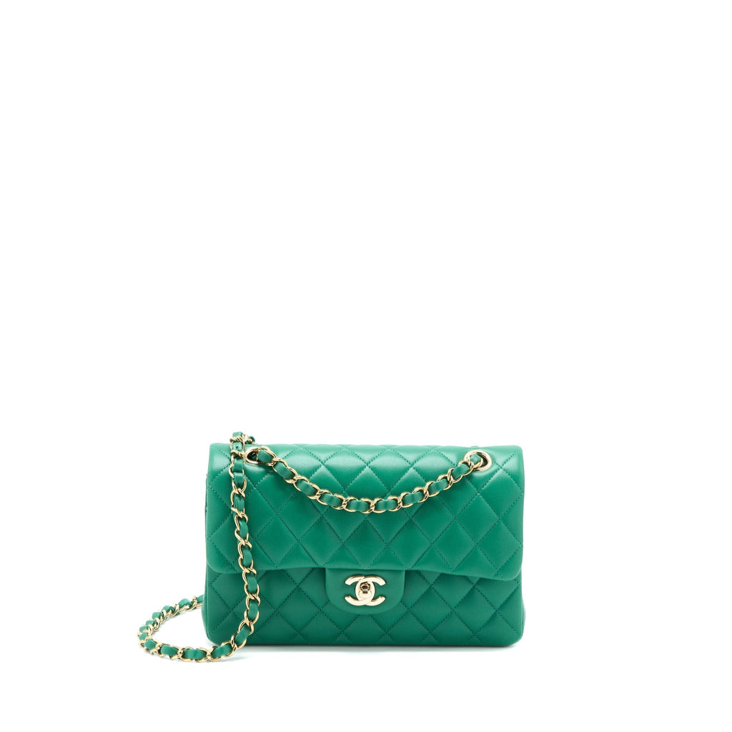 chanel-small-classic-double-flap-bag-lambskin-green-lghwmicrochip