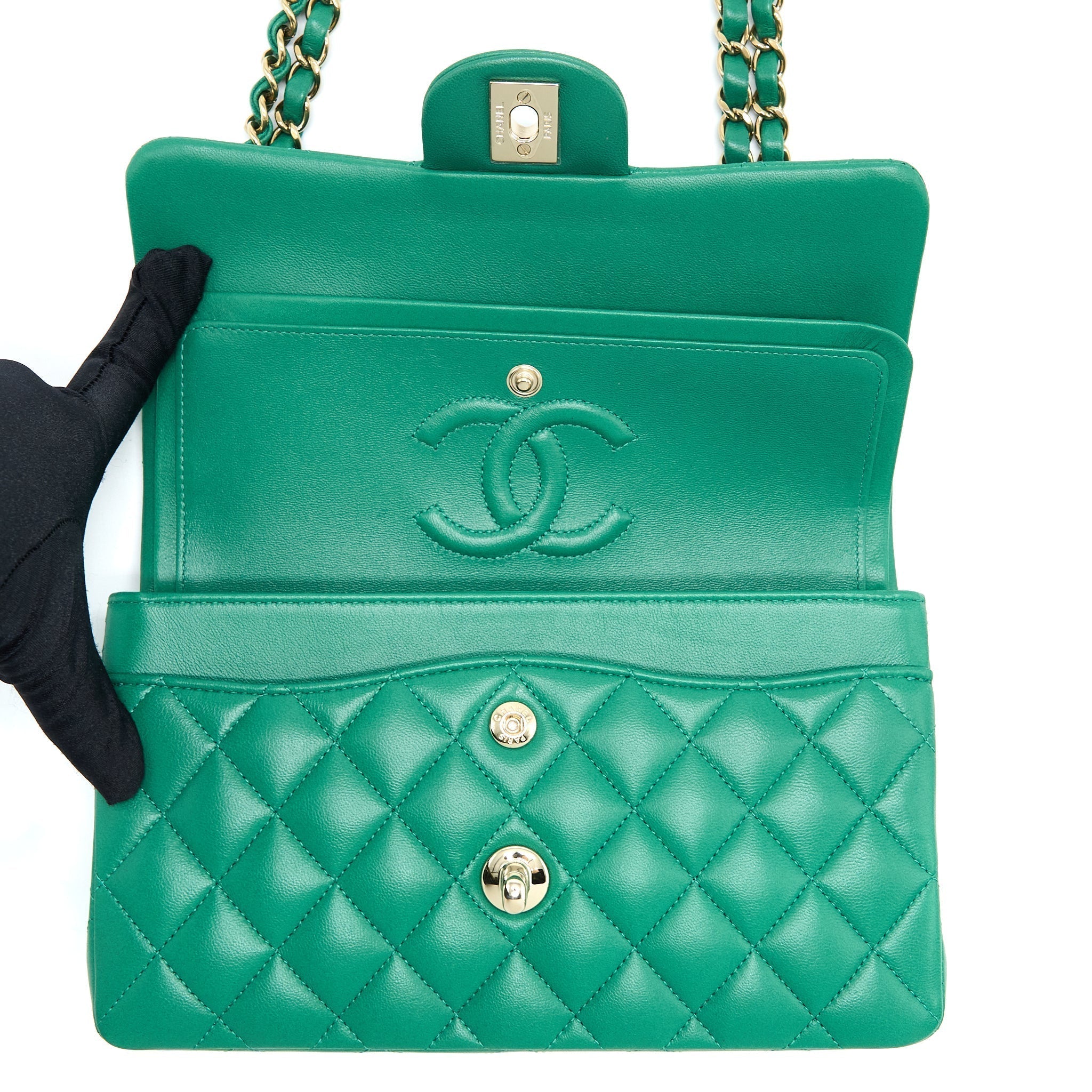 chanel-small-classic-double-flap-bag-lambskin-green-lghwmicrochip
