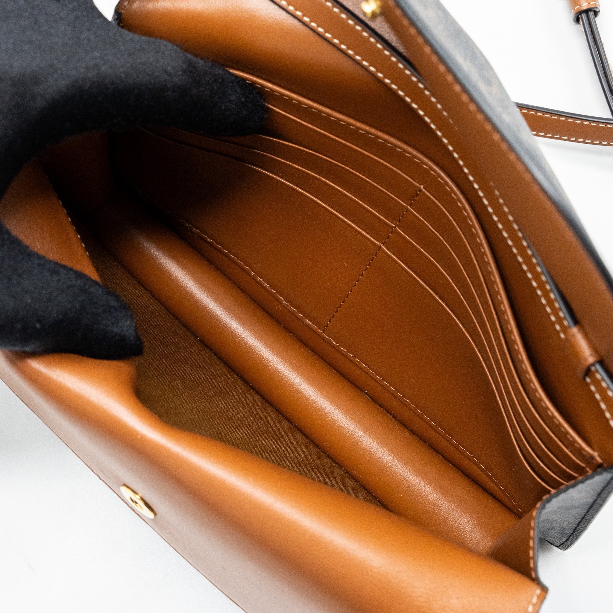 celine-wallet-on-strap-triomphe-canvas-lambskin-tan-ghw