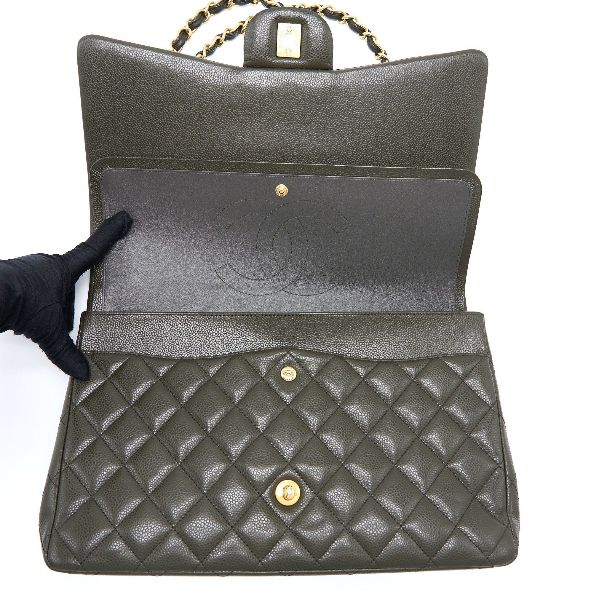 chanel-maxi-classic-double-flap-bag-caviar-olive-green-brushed-ghw